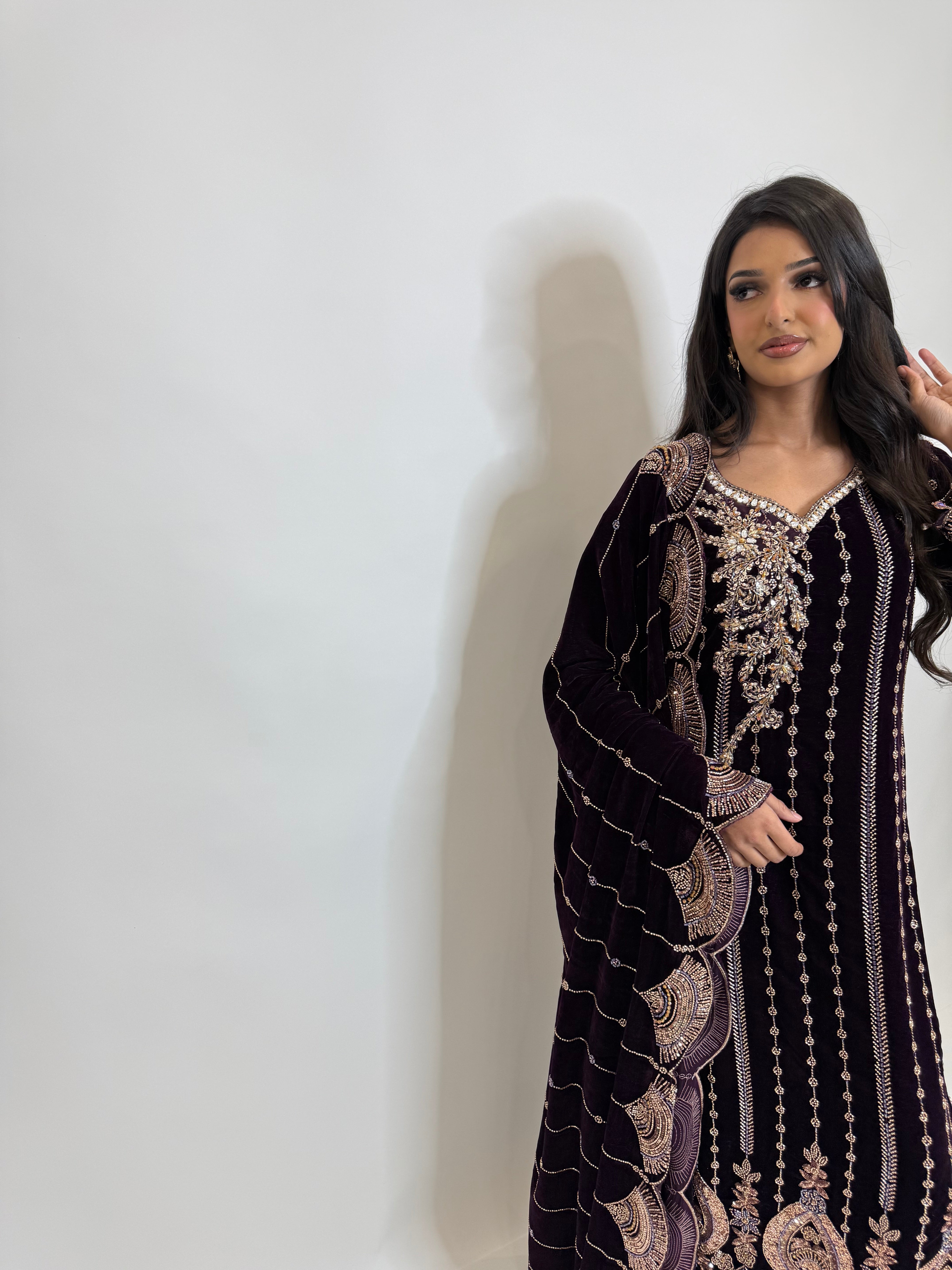 Zarielle Royale | Luxury Deep Violet Velvet Cutdana Embroidered Pakistani Suit (3 Piece)