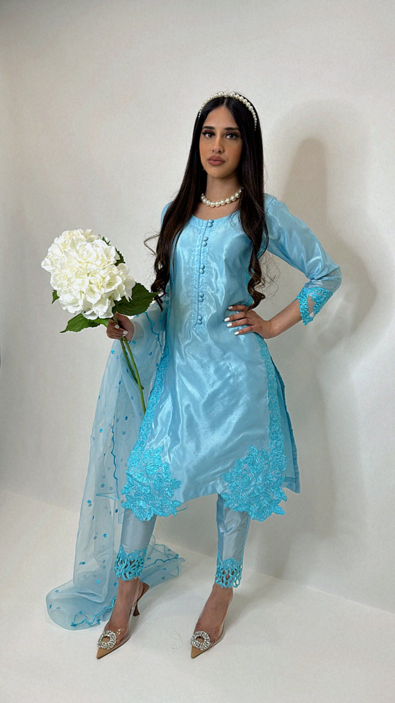 Kattan silk outfit with shirt, trousers and organza dupatta