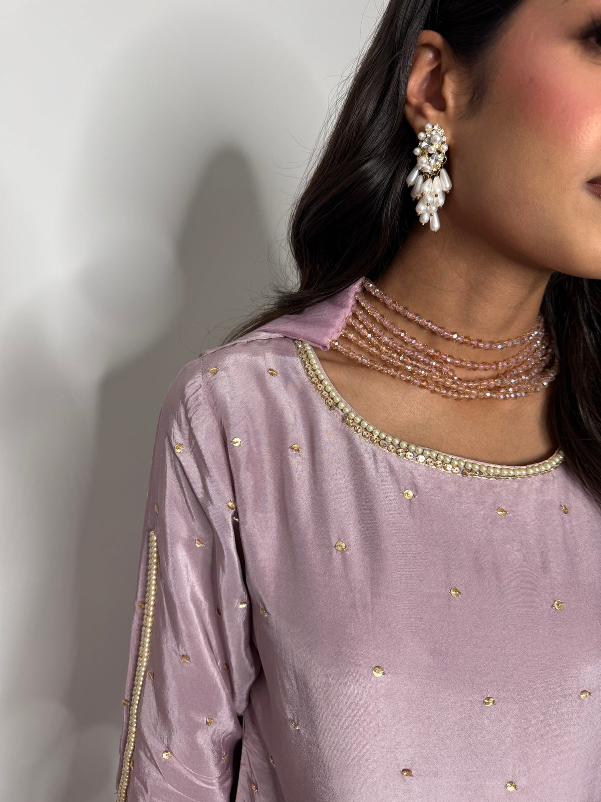 LILAC SILK EMBROIDERED SHARARA THREE PIECE SUIT | THE LILIANA