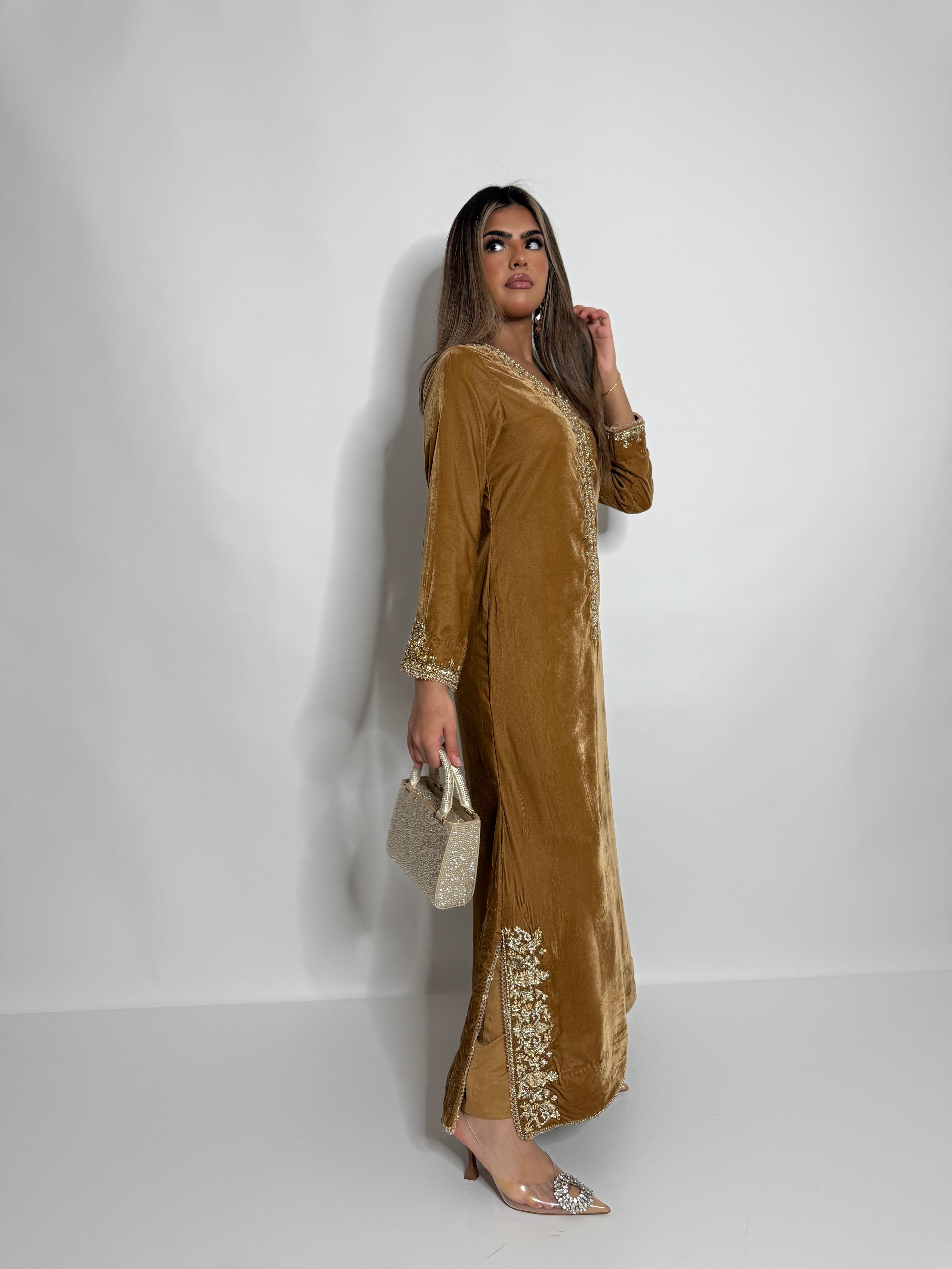 Modest mustard velvet formal dress for Eid