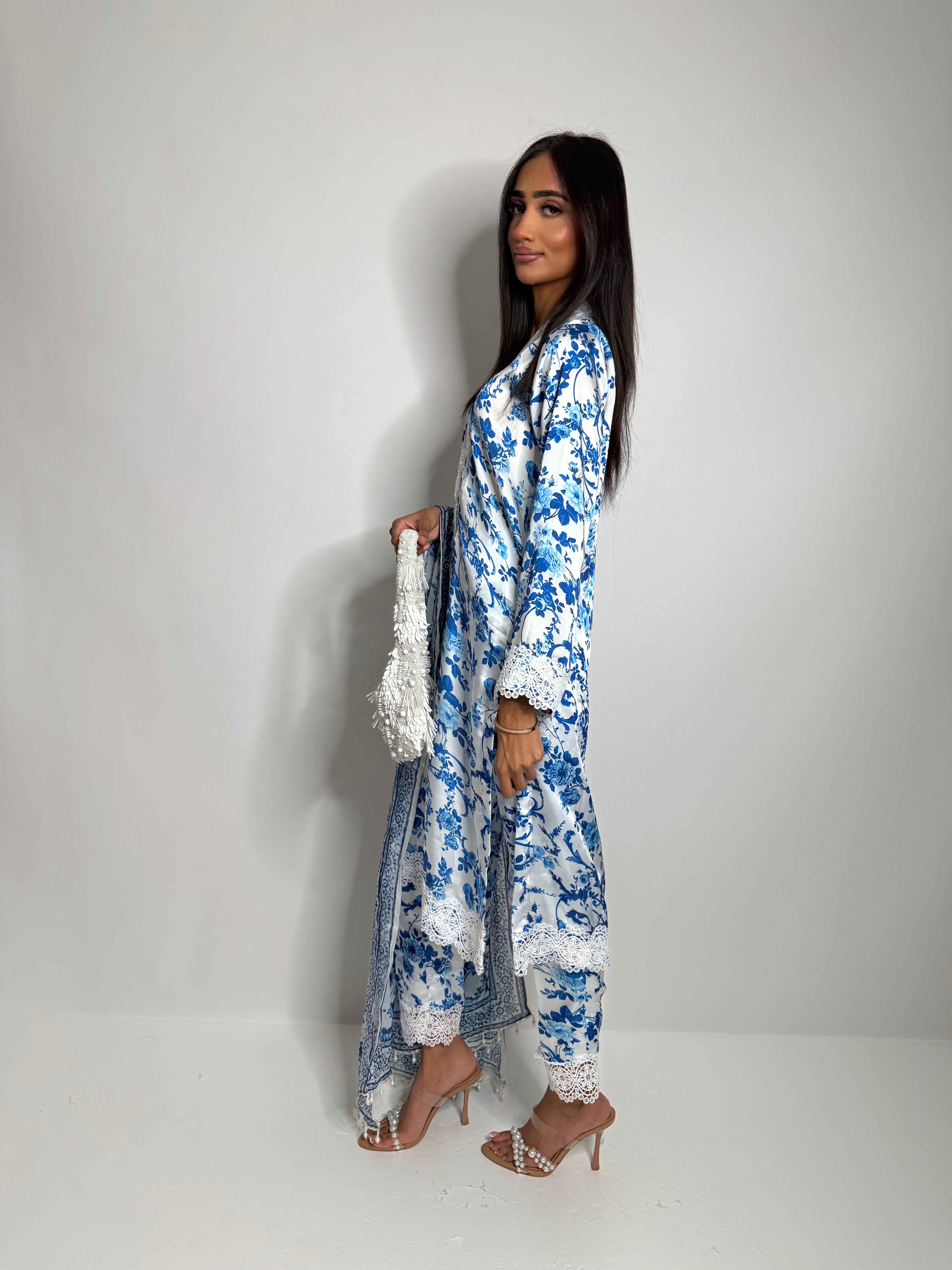 Blue floral silk shirt and trouser set with chiffon dupatta – Elysian Blue Eid & wedding wear UK