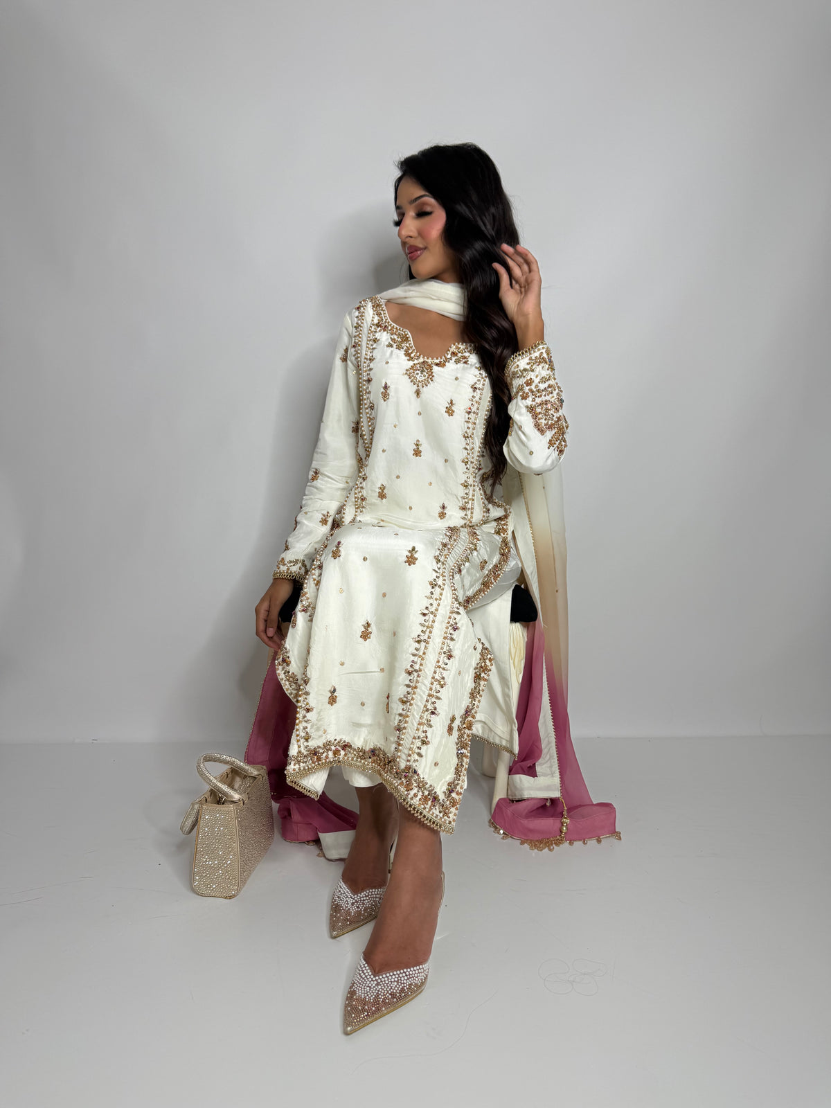 Valentina Ivory | Luxury Pakistani Hand Embroidered Silk 3 Piece Suit
