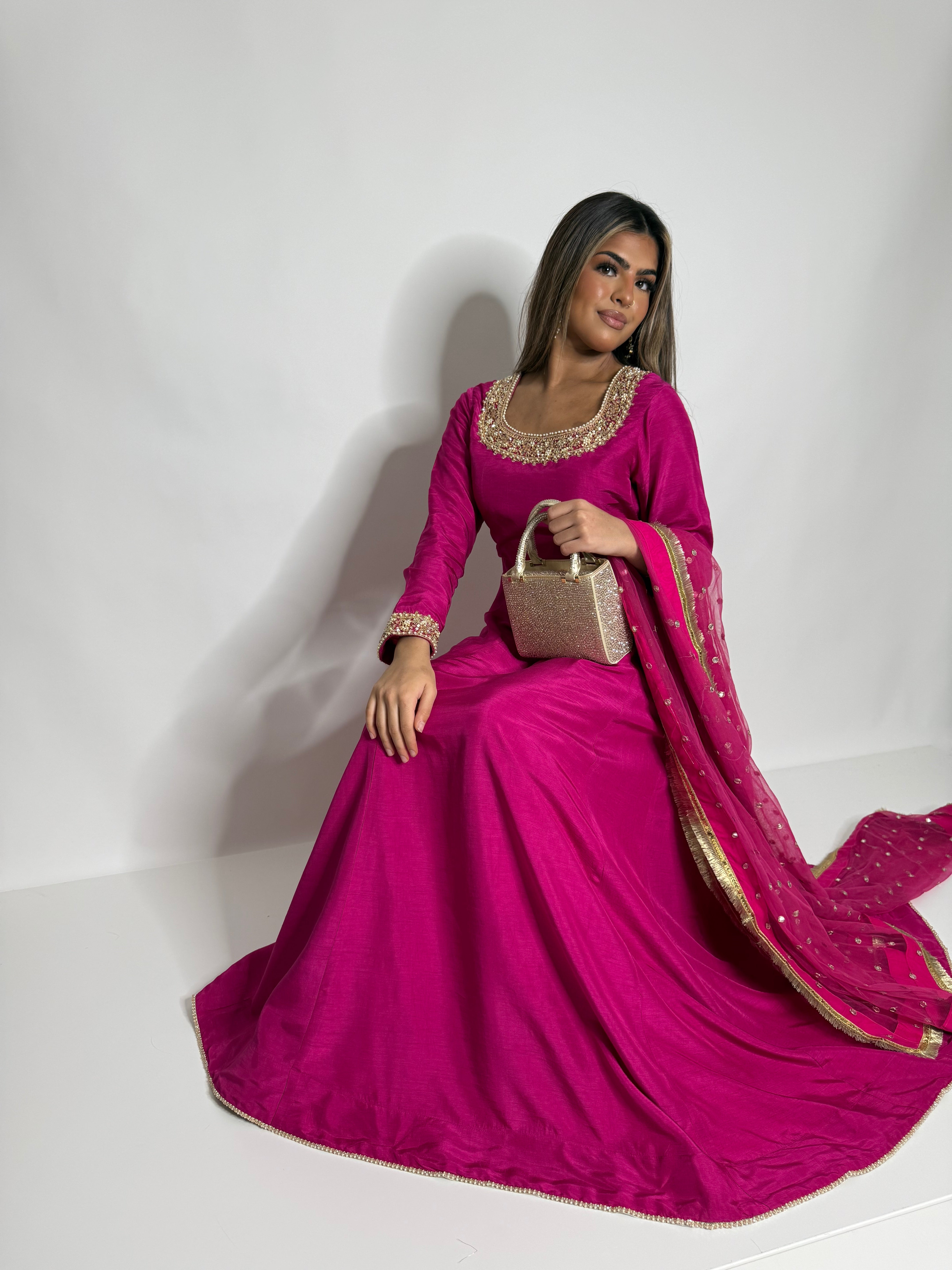 ZOHRA FUCHSIA RAW SILK GOLD EMBROIDERED PAKISTANI EID & MEHNDI DRESS