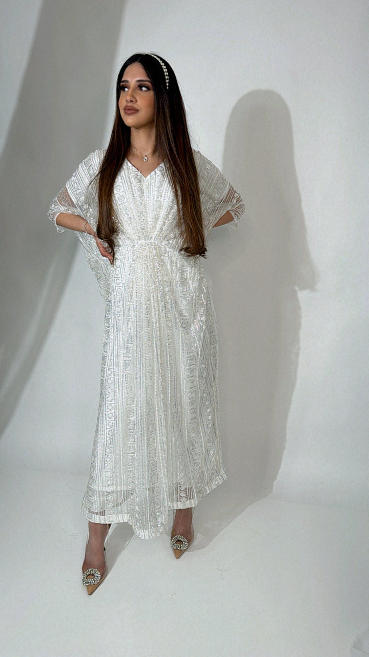 Adeela white embellished Pakistani kaftan dress