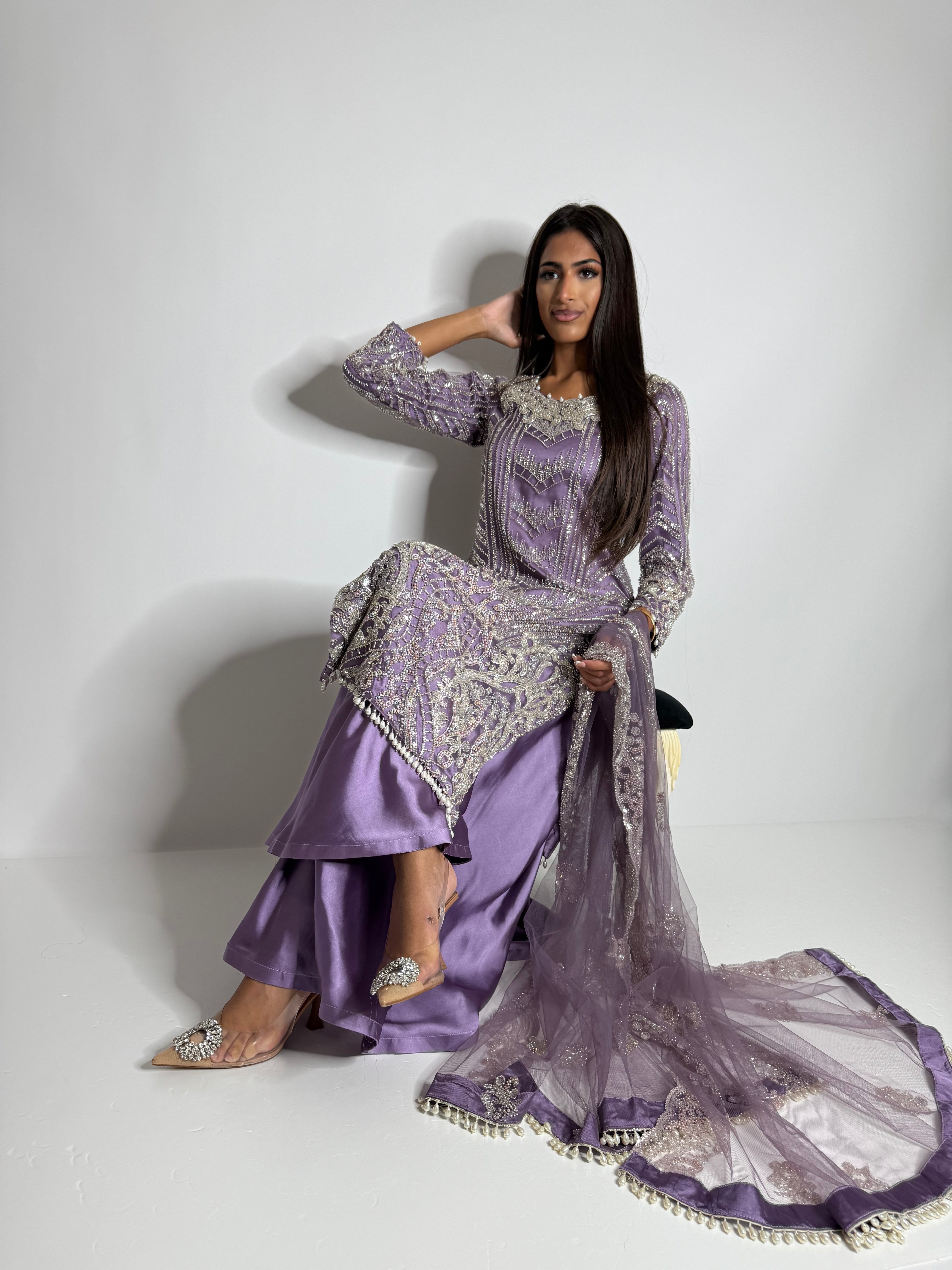 Elegant dusky lavender wedding and reception outfit with wide-leg cut