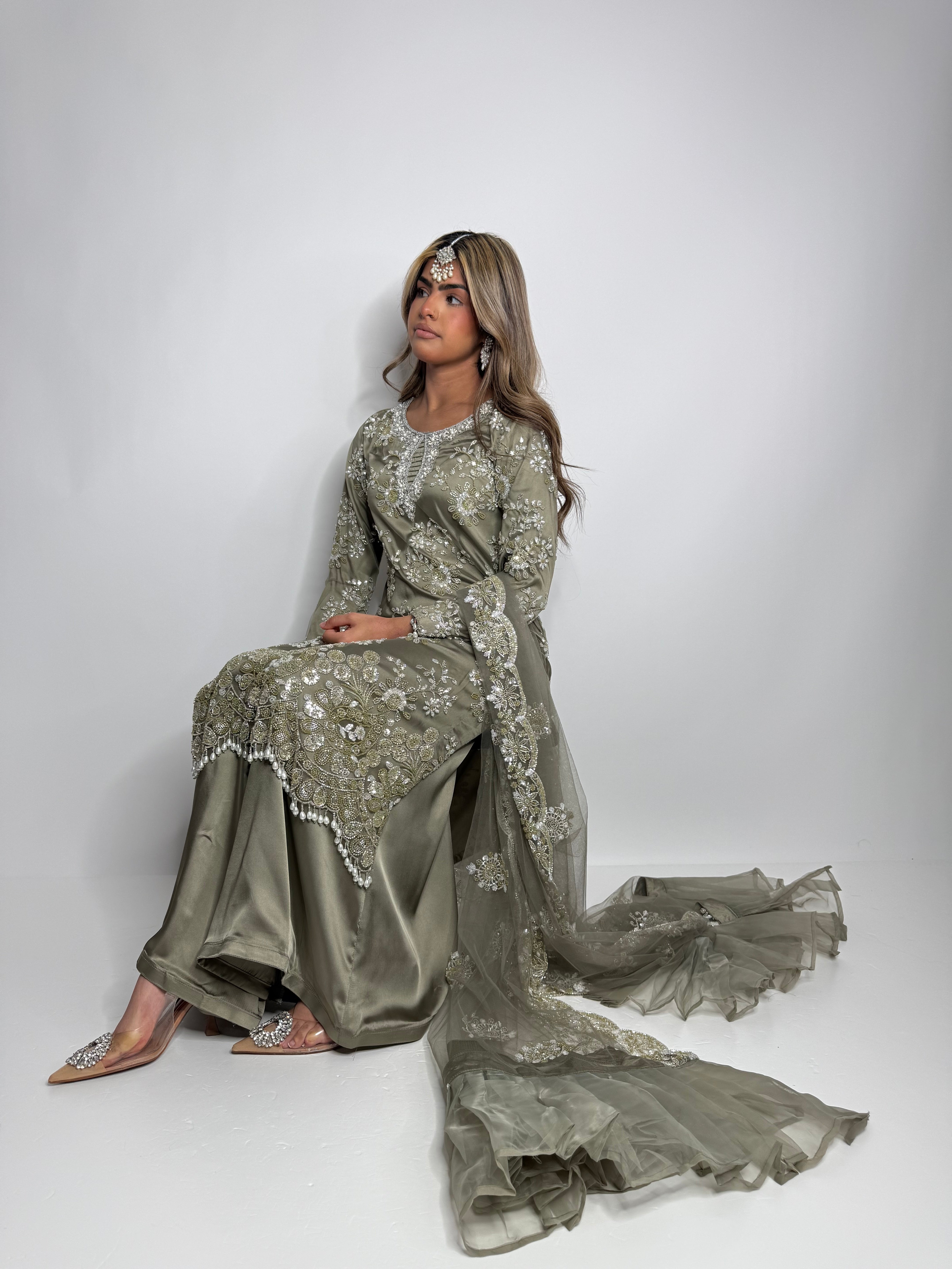 Olive cutdana embroidered Pakistani suit with silk dupatta – front view