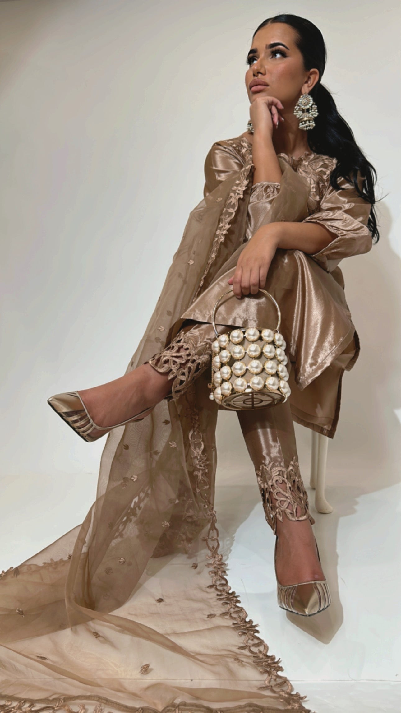 Kattan silk Pakistani outfit with shirt, trousers, and dupatta