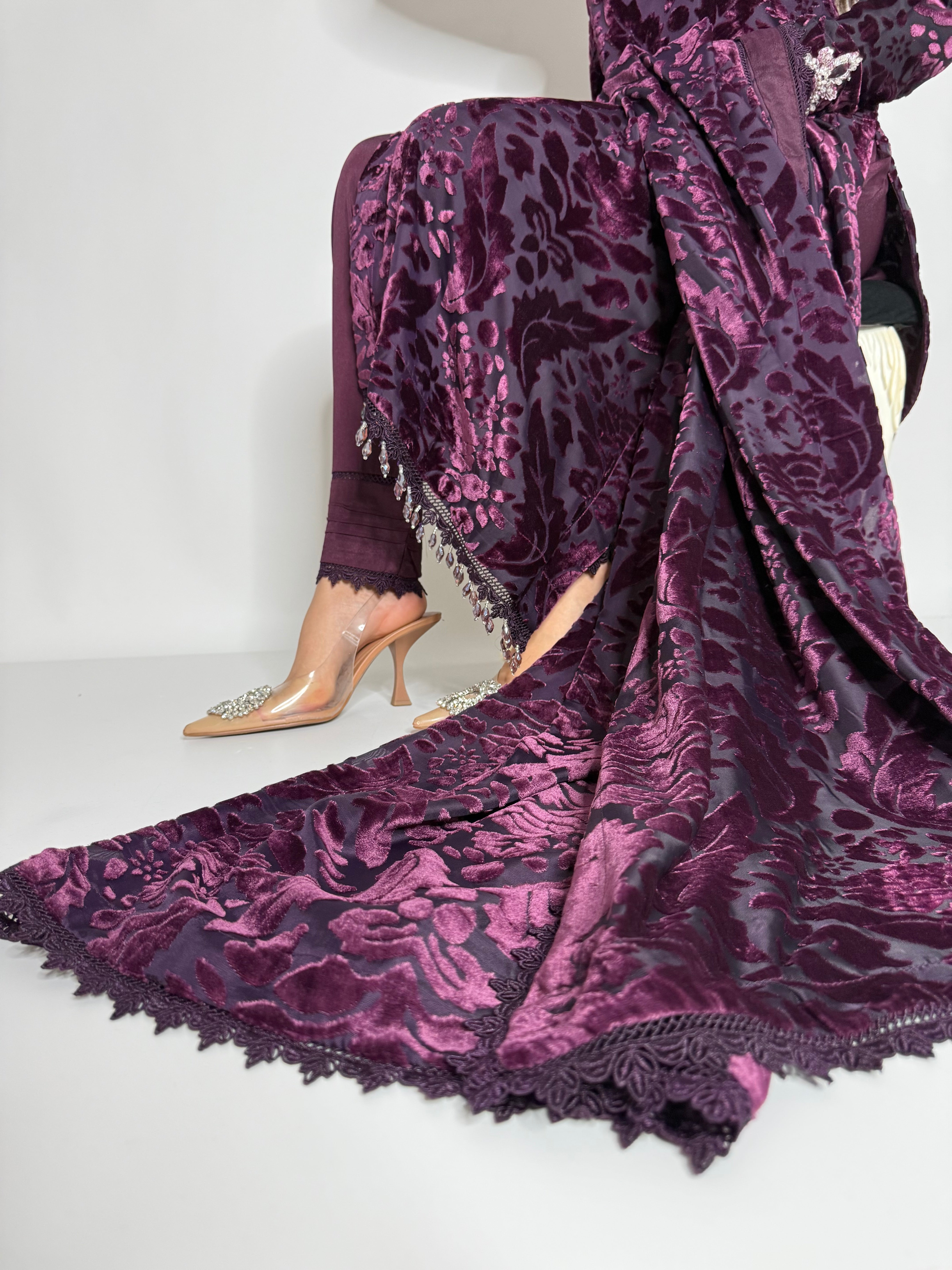 Royal Amethyst Pearl Handwork Palachi Shirt & Lace-Trim Dupatta Set