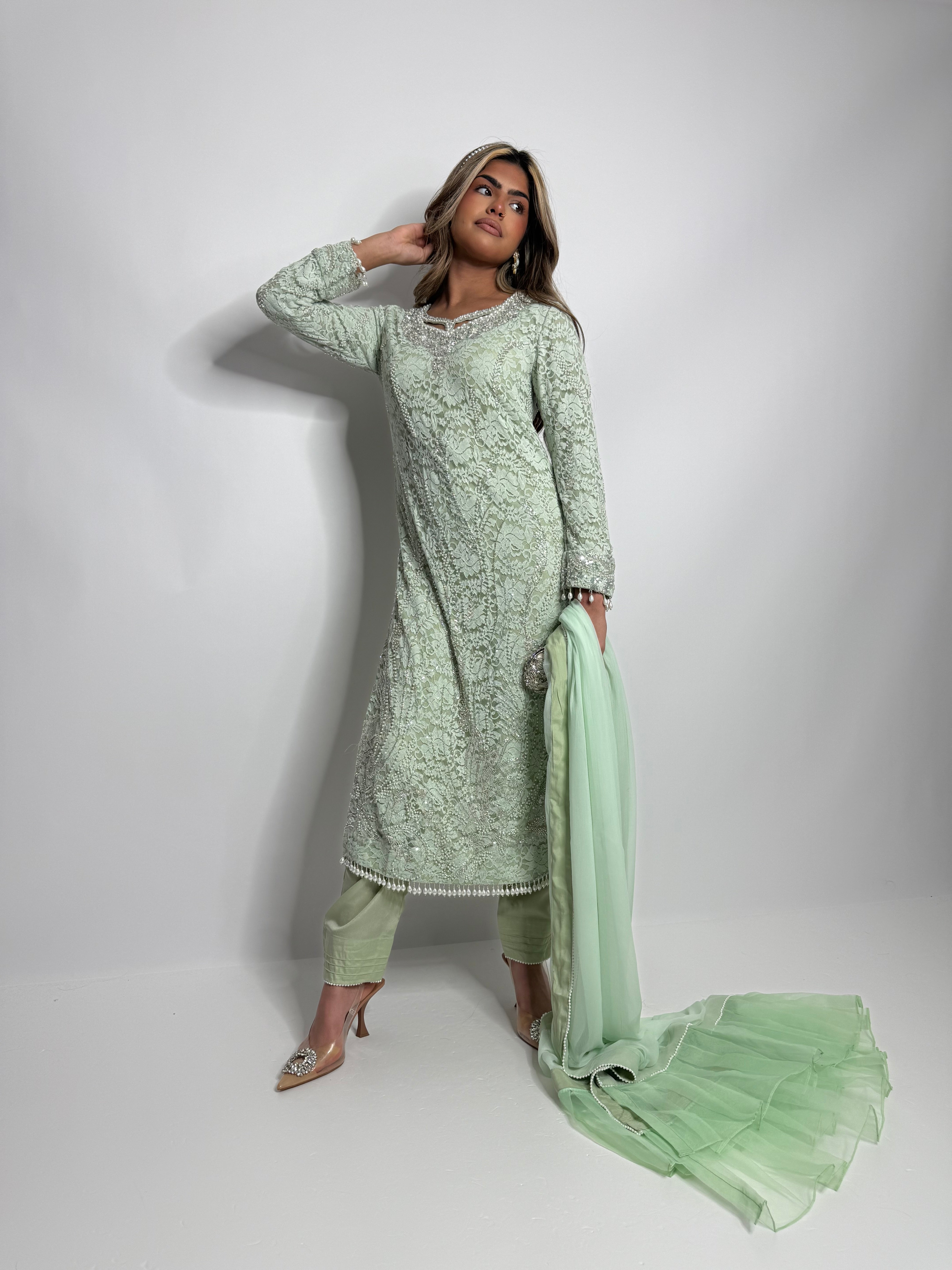 Lyara Mint Crochet-Net Embroidered Pakistani Suit