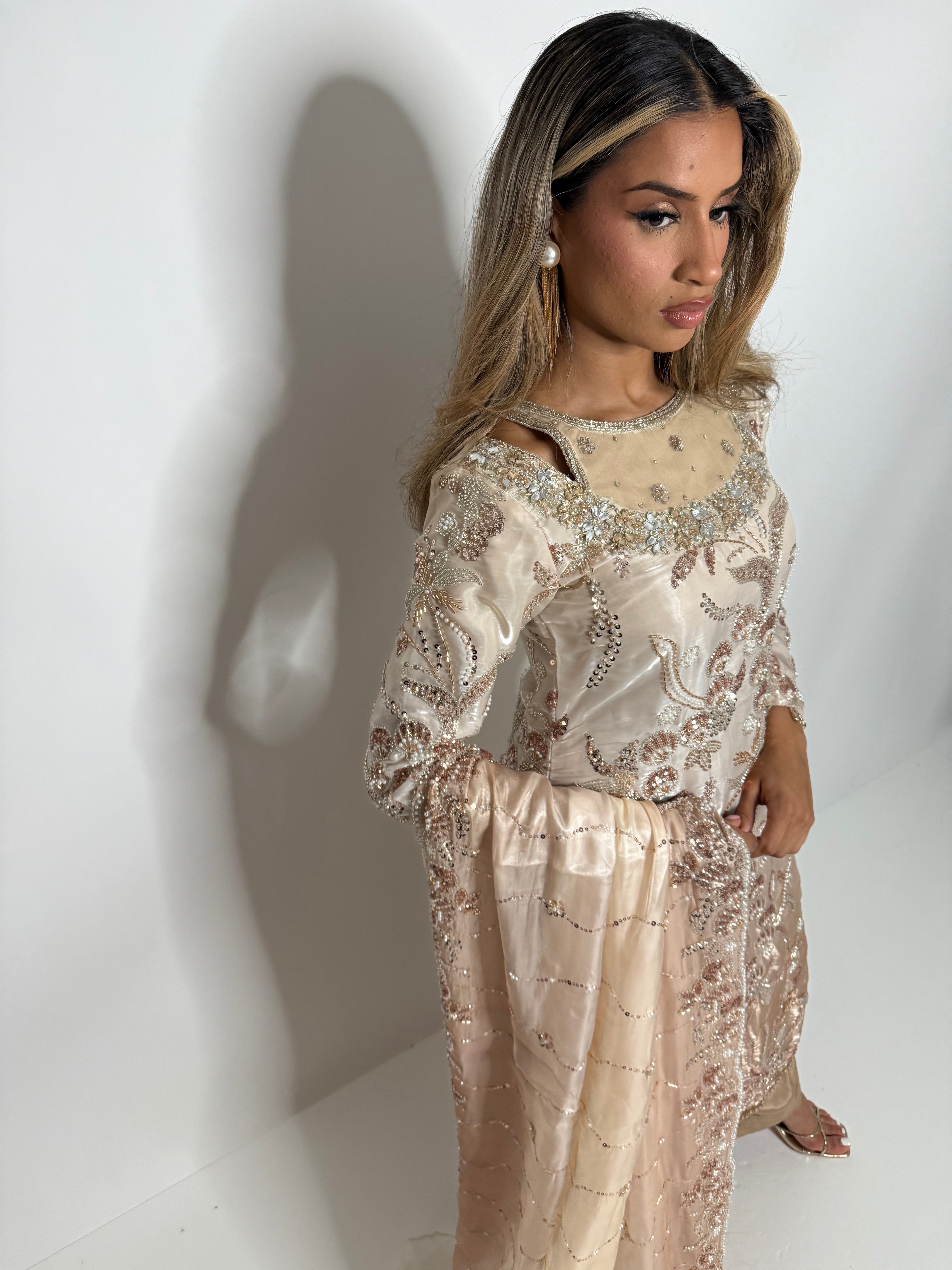 Pakistani reception wear in silk with embroidered dupatta