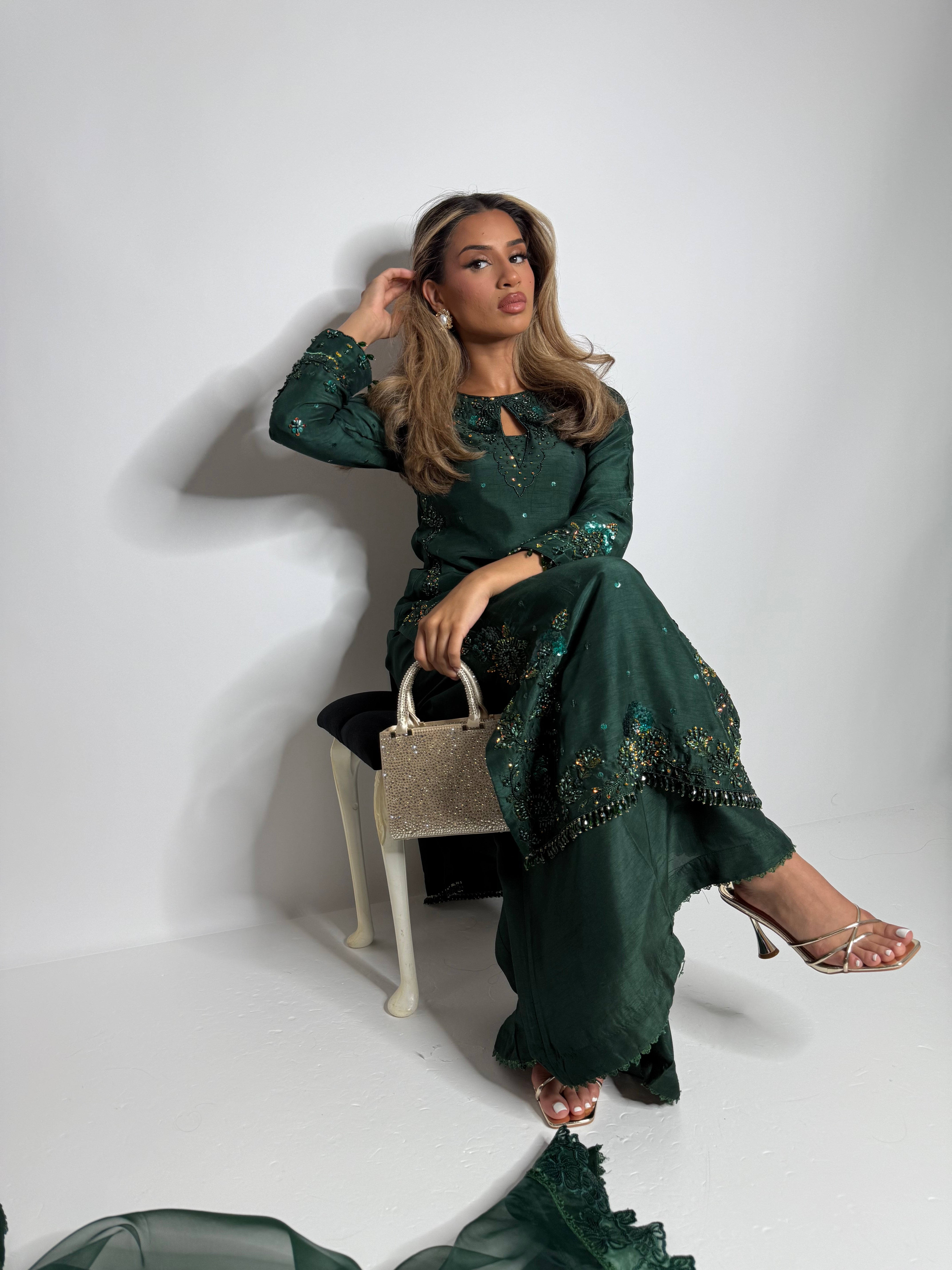 Luxury Pakistani raw silk three-piece in emerald green