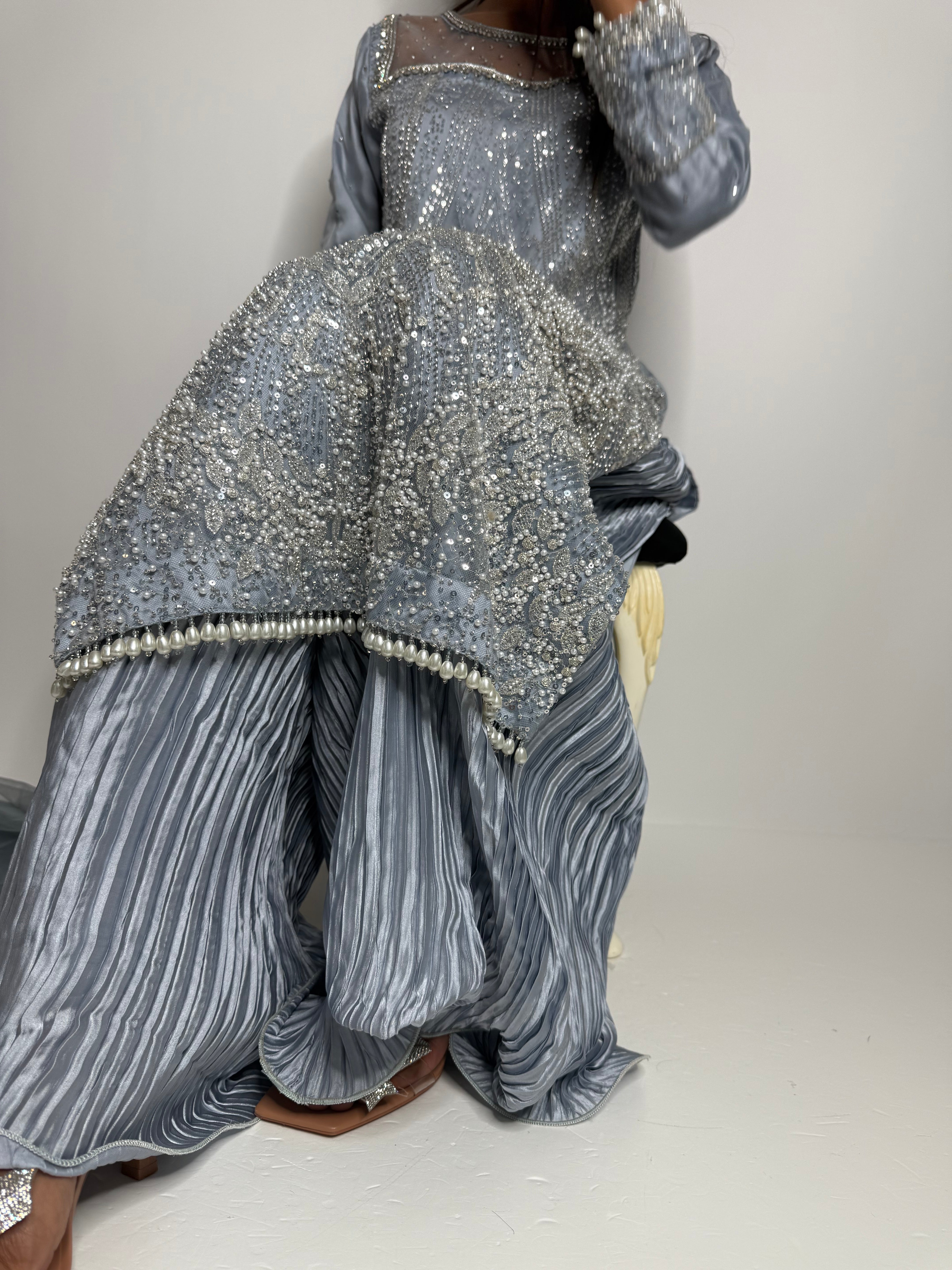 Formal icy blue Pakistani Eid outfit with hand embellishment – Ameliyana Boutique