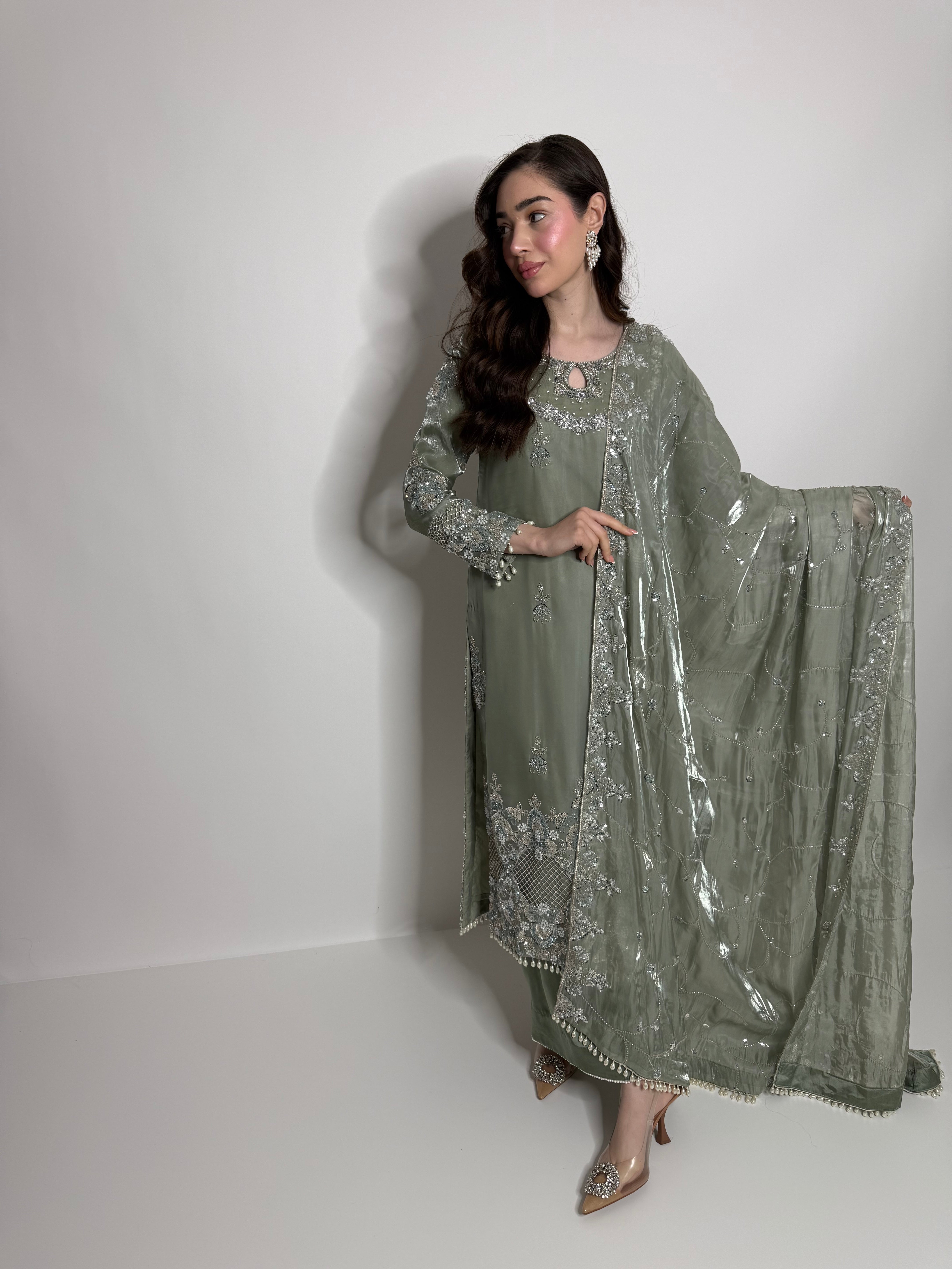 Elowen Sage Cutdana-Embroidered Three-Piece Eid formal wear