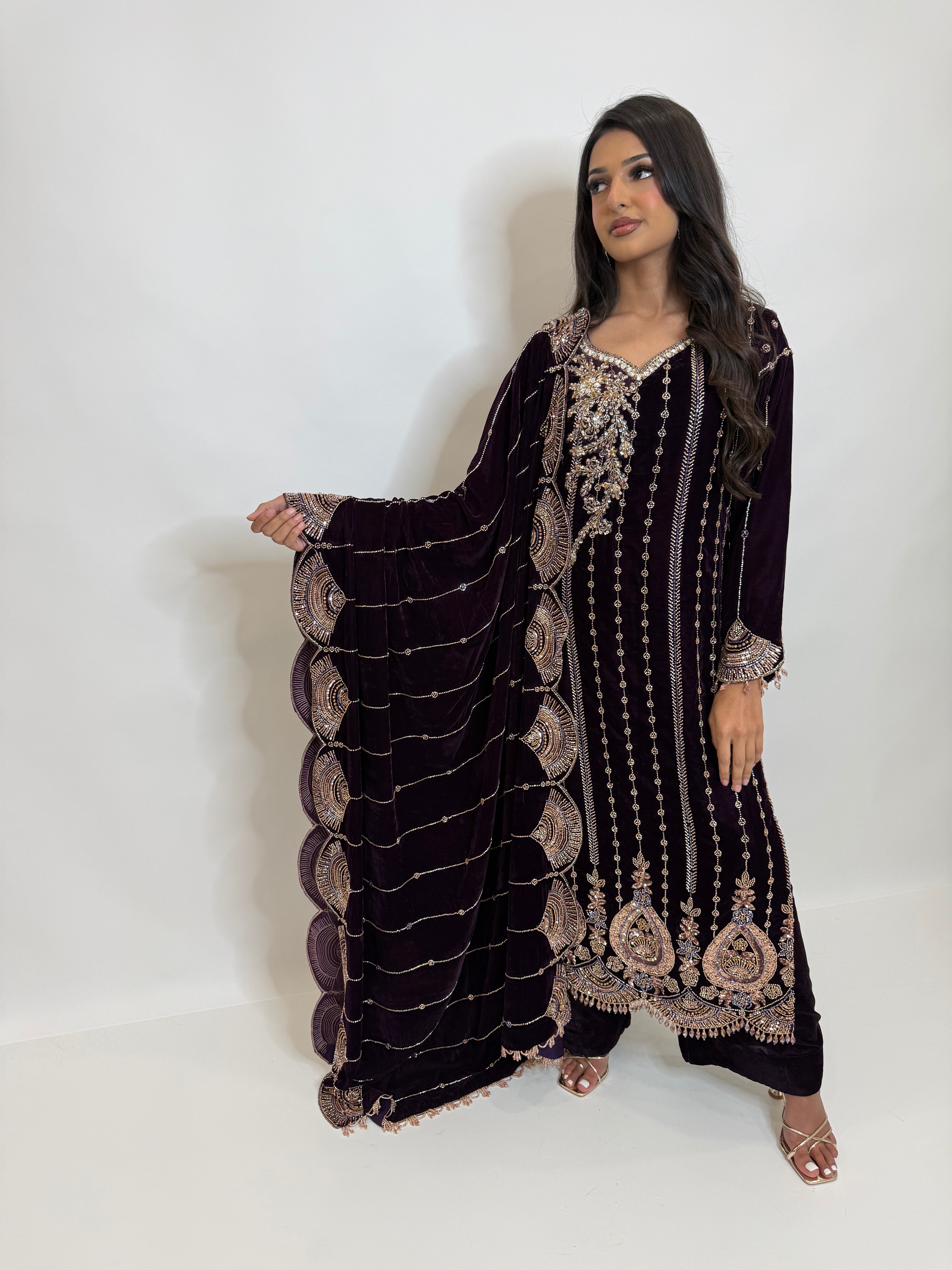 Zarielle Royale | Luxury Deep Violet Velvet Cutdana Embroidered Pakistani Suit (3 Piece)