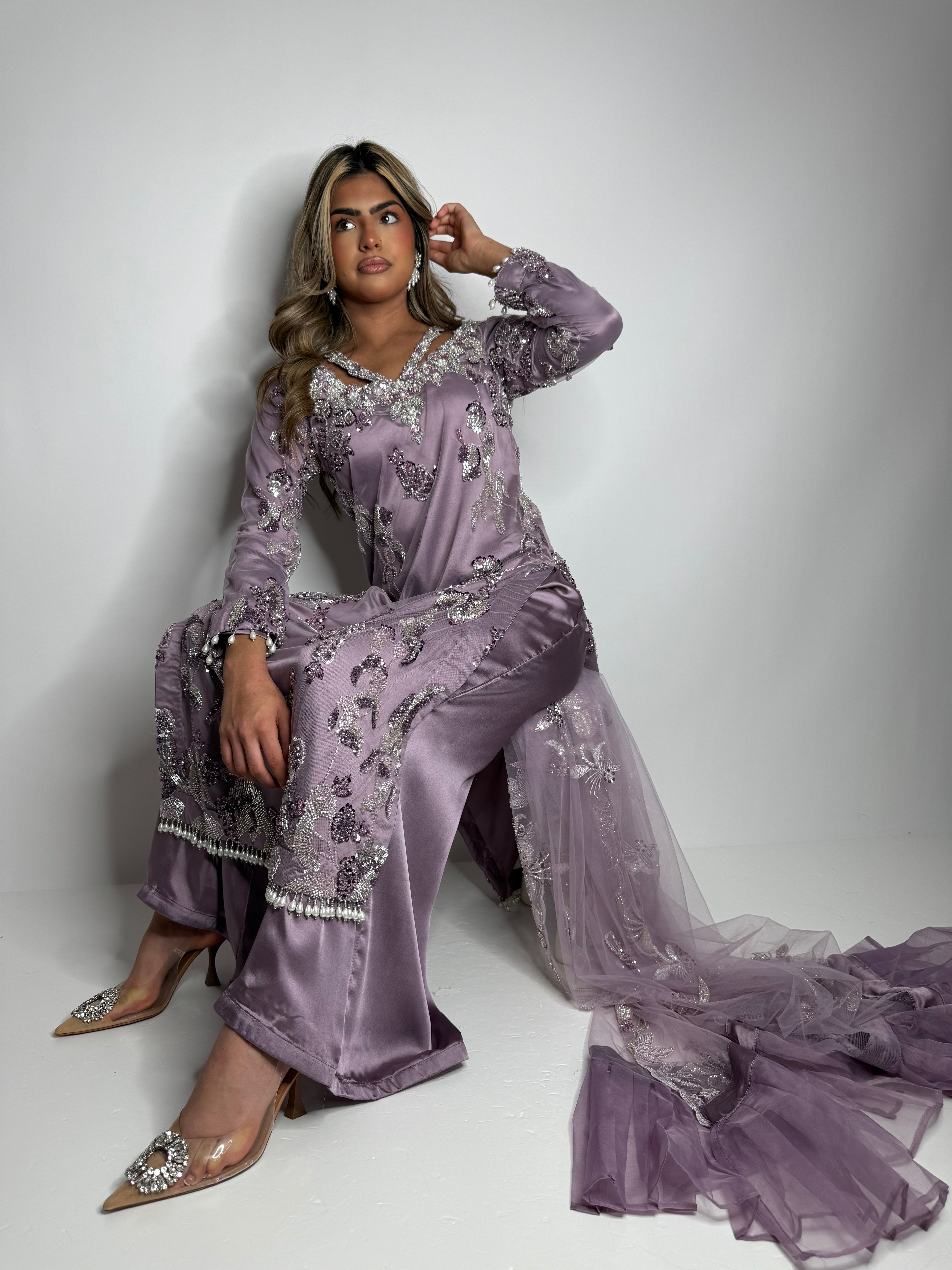 Averina Mauve Cutdana Embellished Three-Piece
