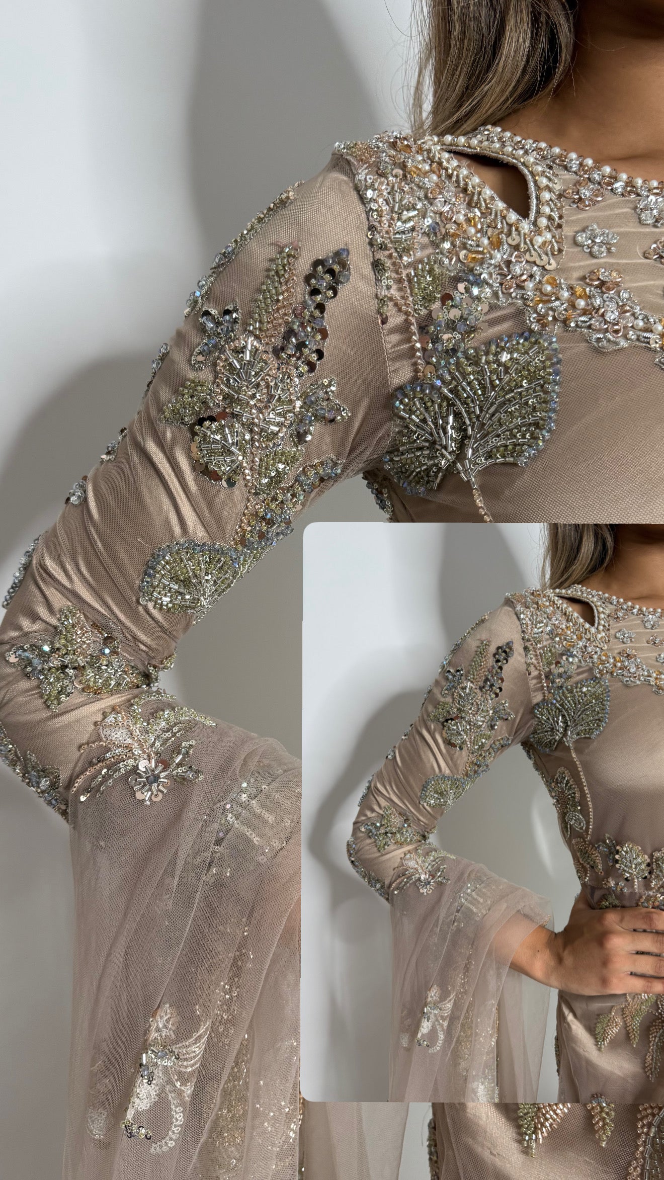 Pakistani formal wear 2026 champagne nude outfit