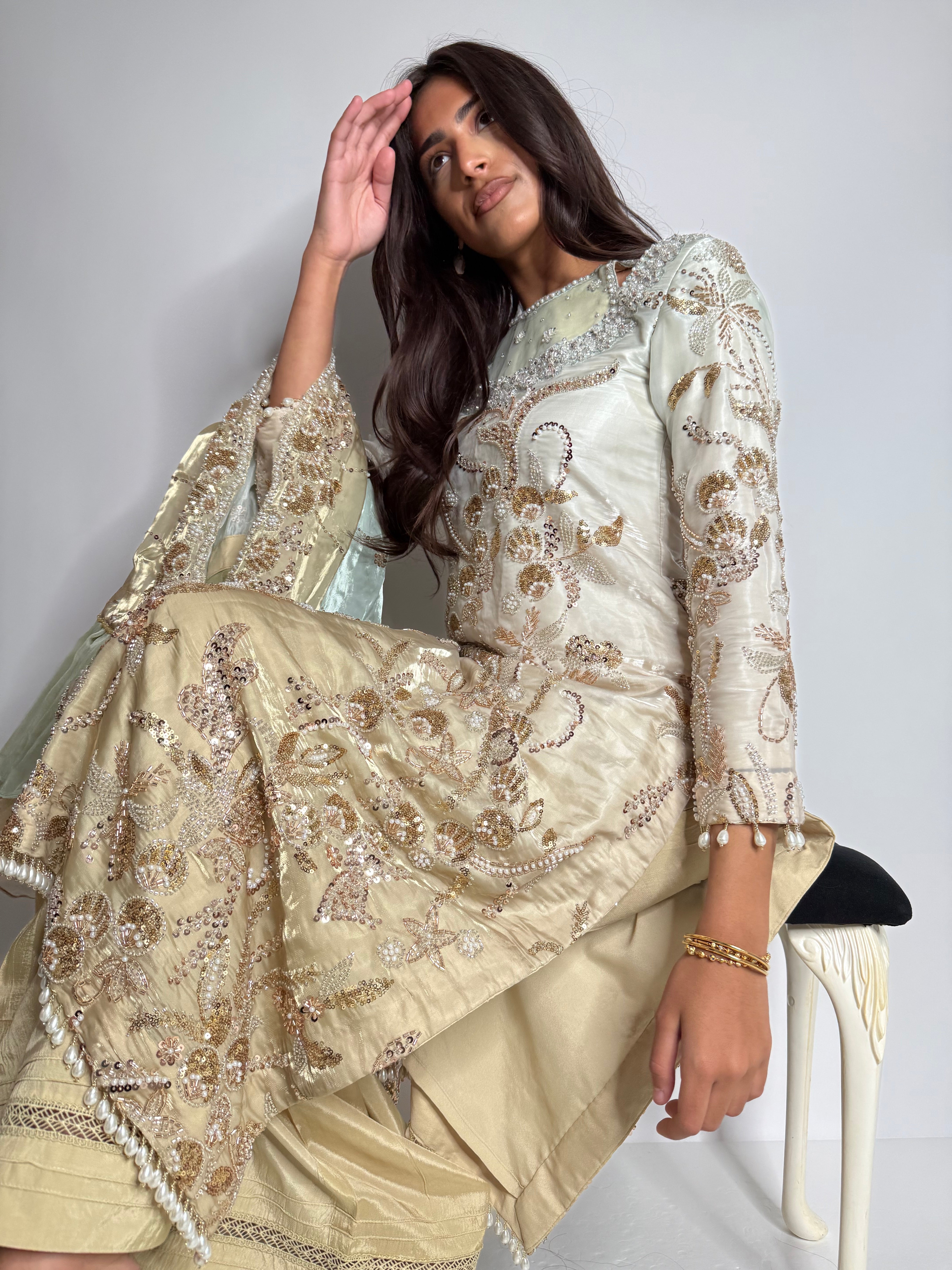 Ayleen Ivory Gold Silk Three-Piece with Embroidered Dupatta