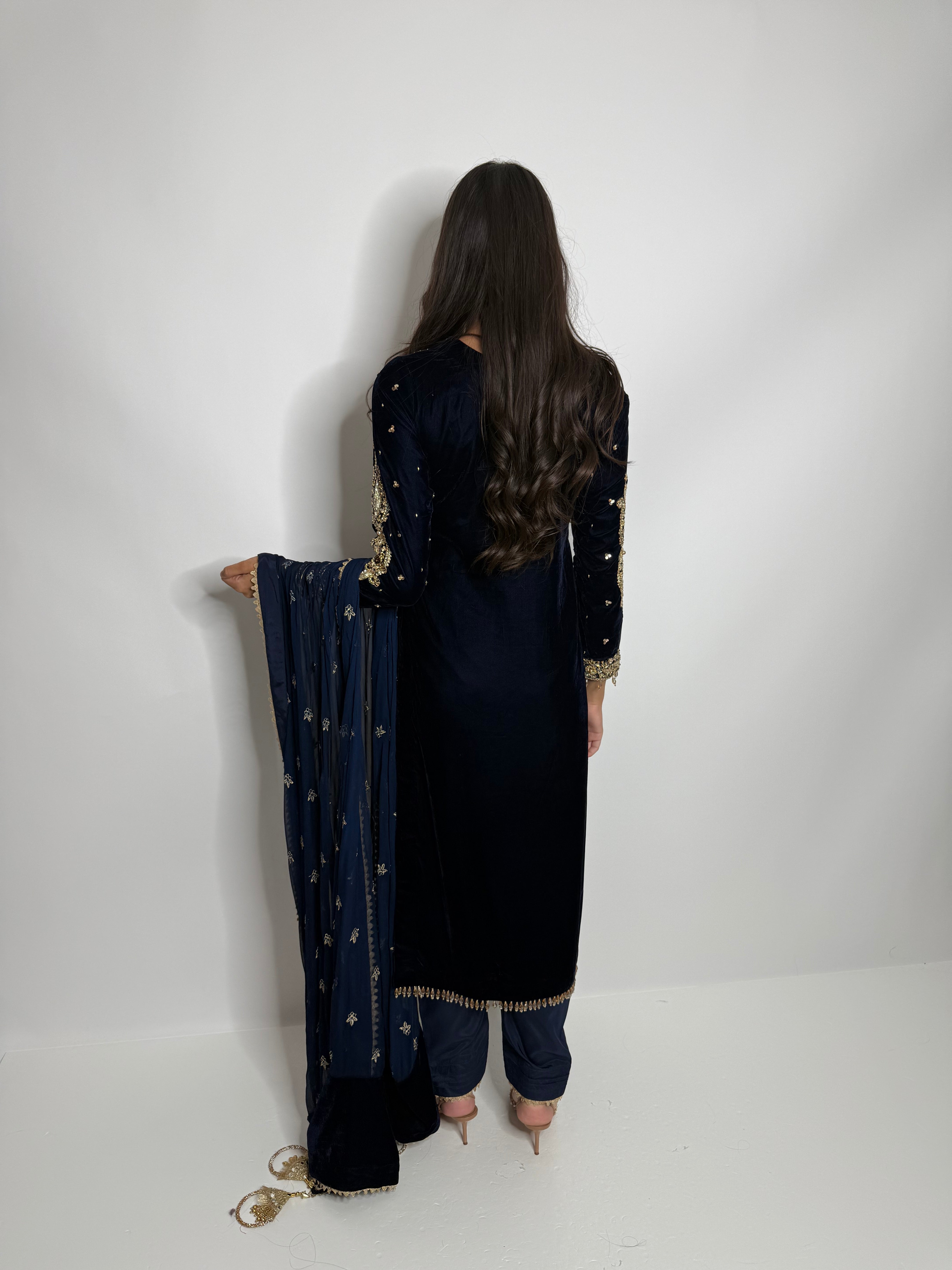 Nerina Navy Velvet Three-Piece Pakistani Wedding Suit