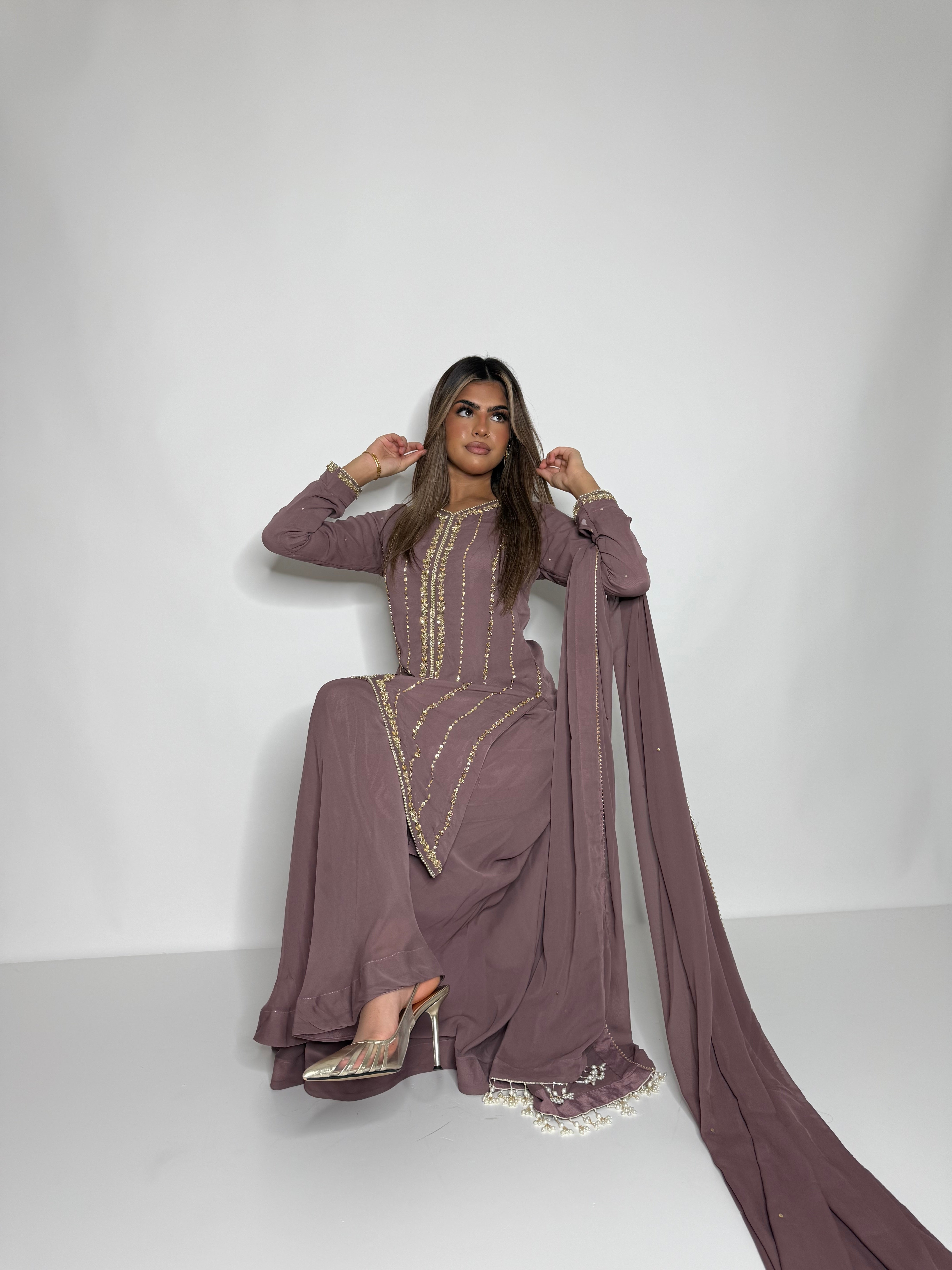 RUMAISA TAUPE GOLD GEORGETTE SHARARA SUIT