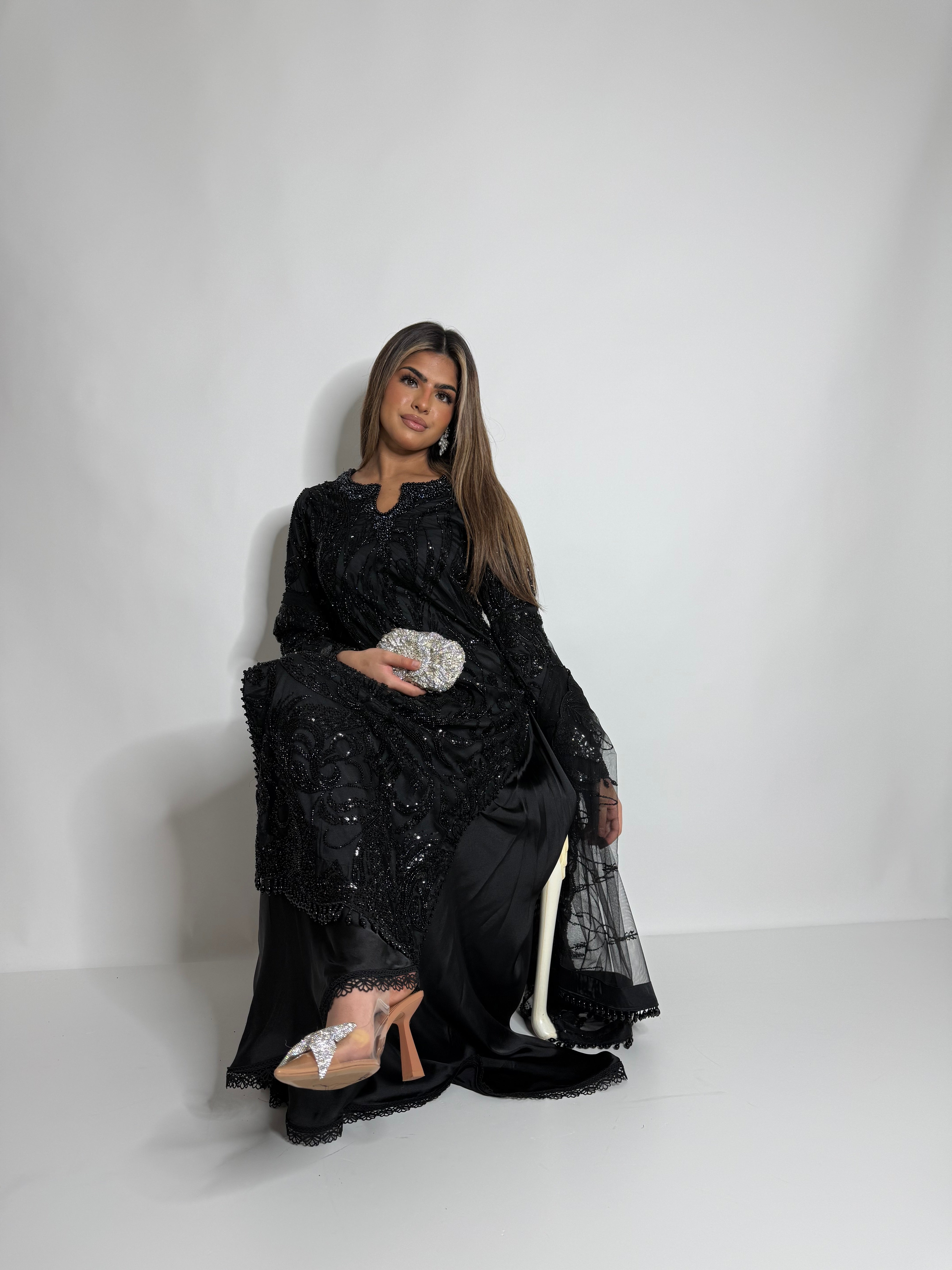 NOIRAH BLACK CUTDANA HAND EMBROIDERED SILK SHARARA THREE-PIECE EID & WEDDING FORMAL