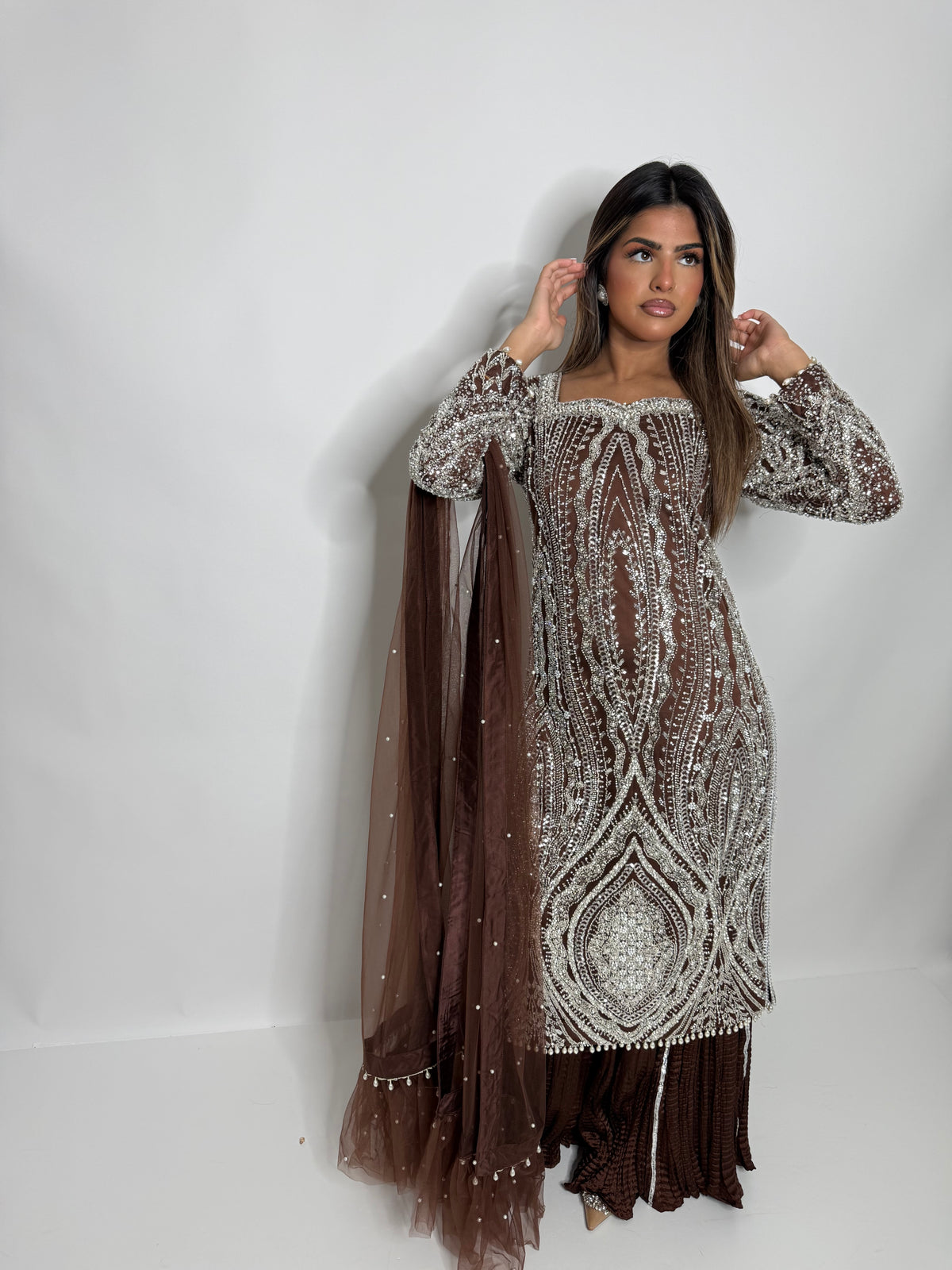 Arabella Mocha | Luxury Cutdana Embroidered Pakistani Suit with Sharara – 3 Piece