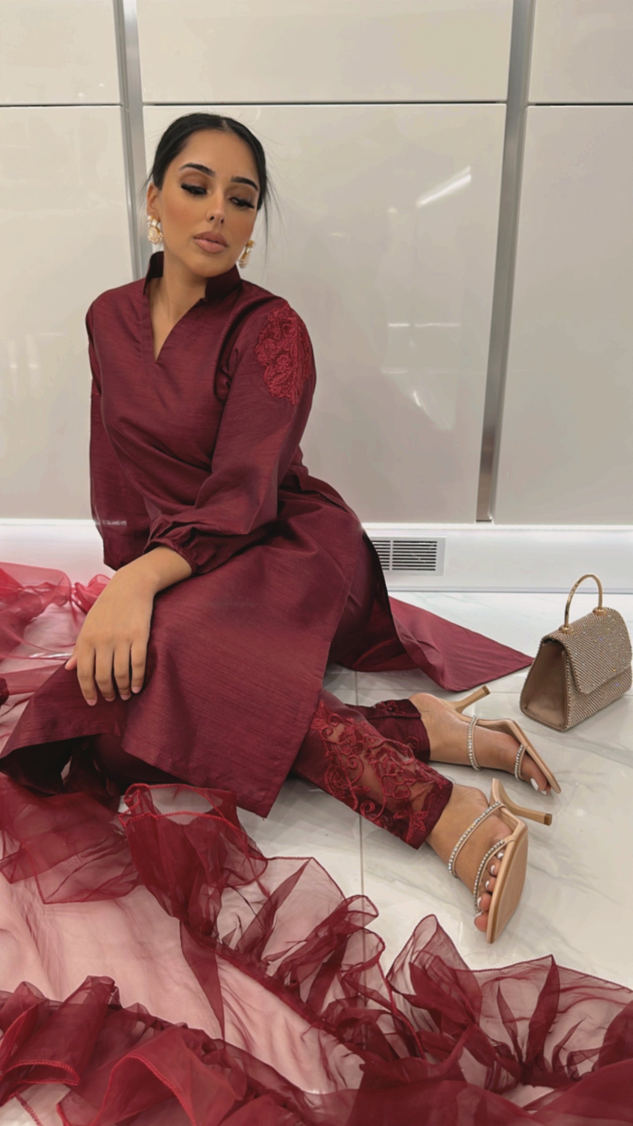 Wine red raw silk Pakistani outfit – Marzena