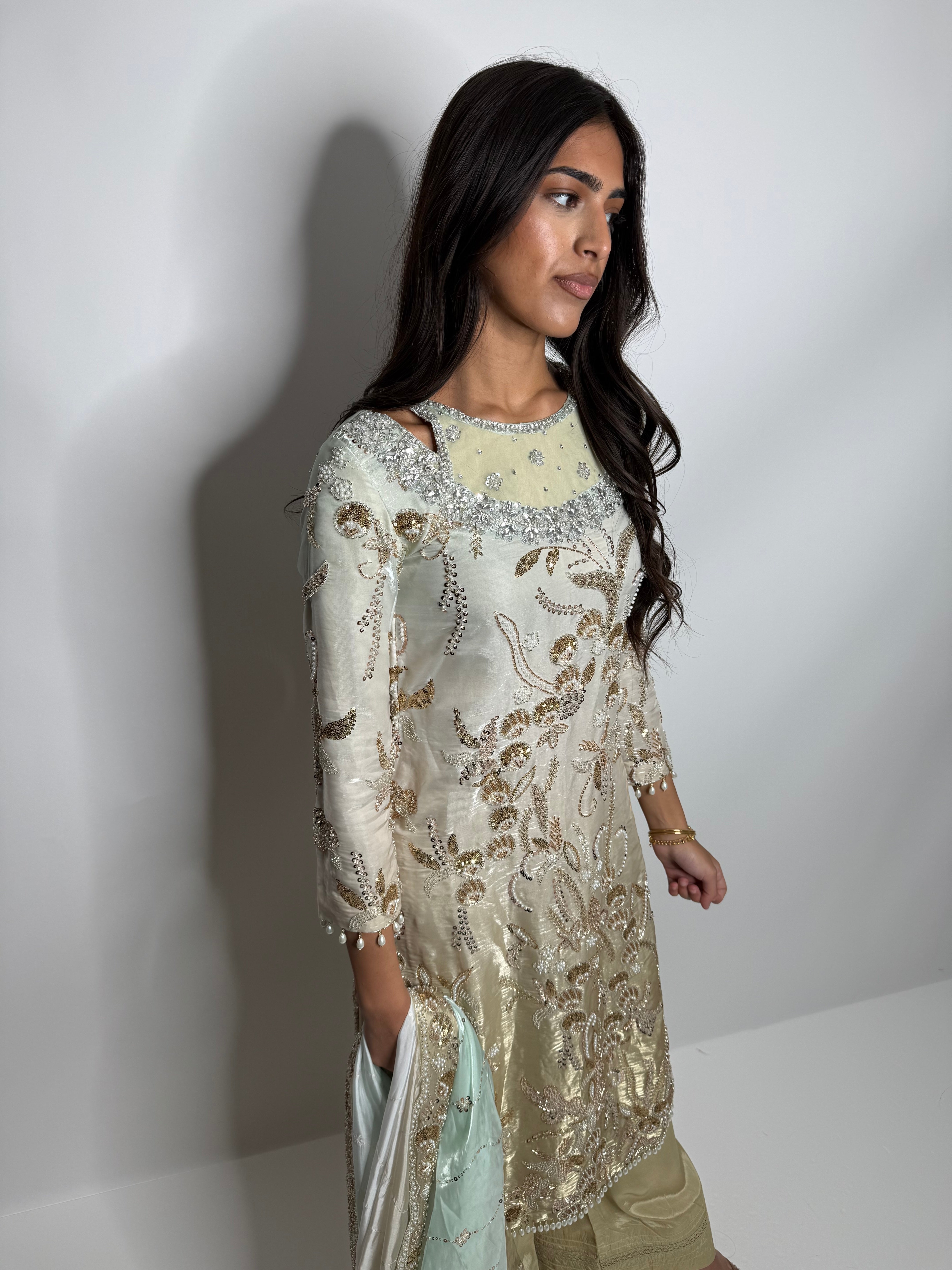 Ayleen Ivory Gold Silk Three-Piece with Embroidered Dupatta
