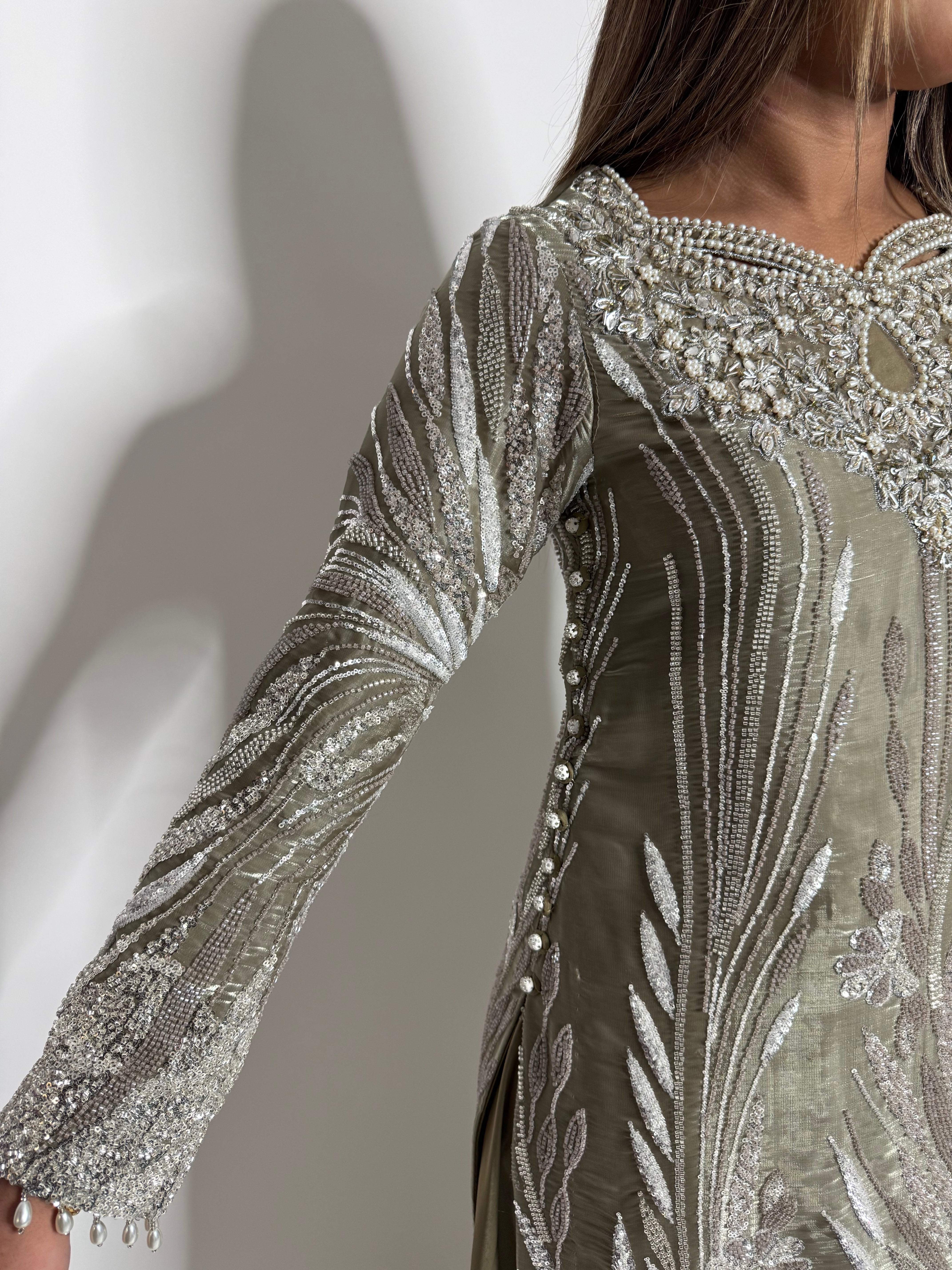 SAHARA OLIVE SAGE CUTDANA HAND EMBROIDERED SILK SHARARA THREE-PIECE EID FORMAL