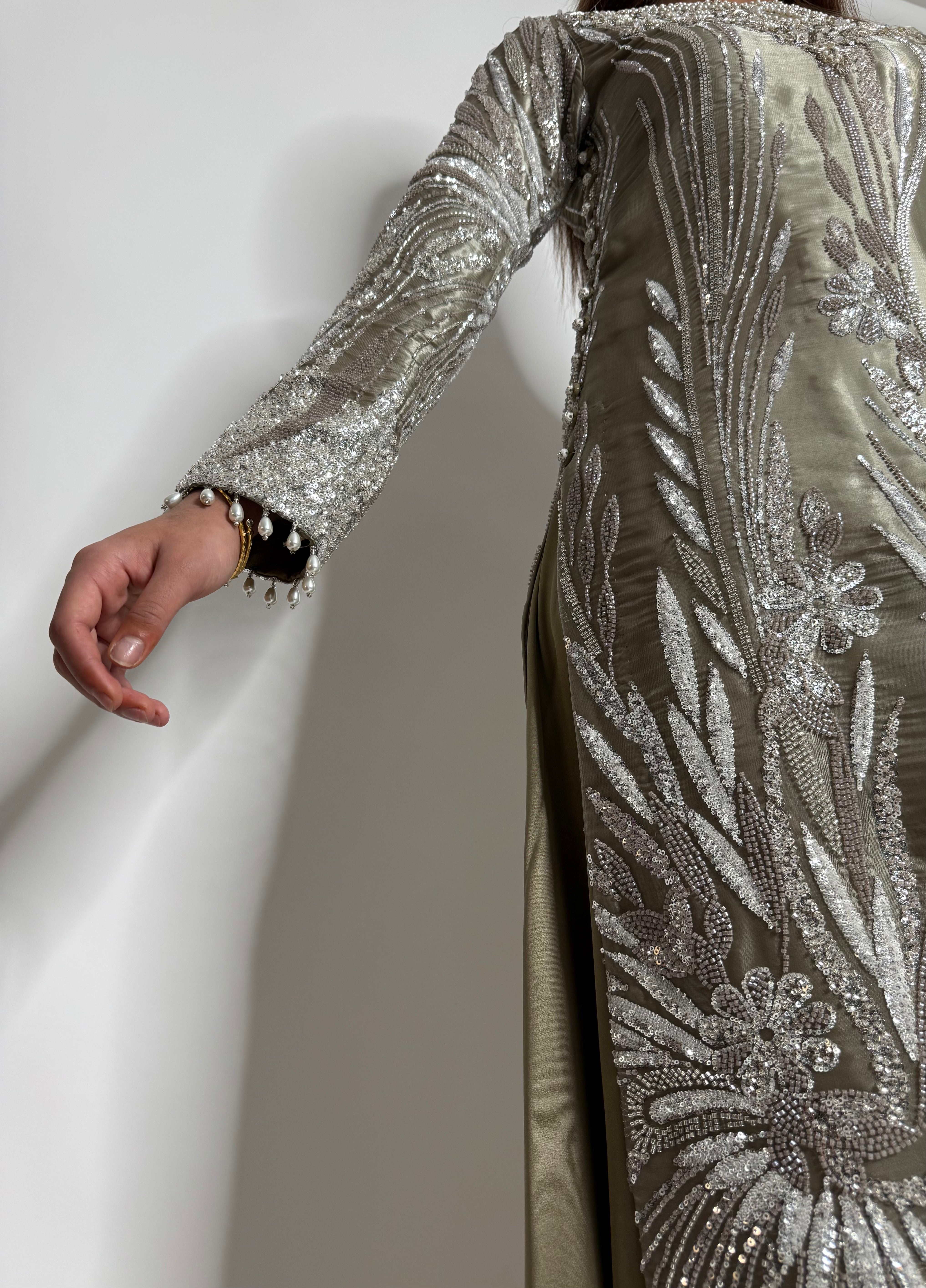 SAHARA OLIVE SAGE CUTDANA HAND EMBROIDERED SILK SHARARA THREE-PIECE EID FORMAL