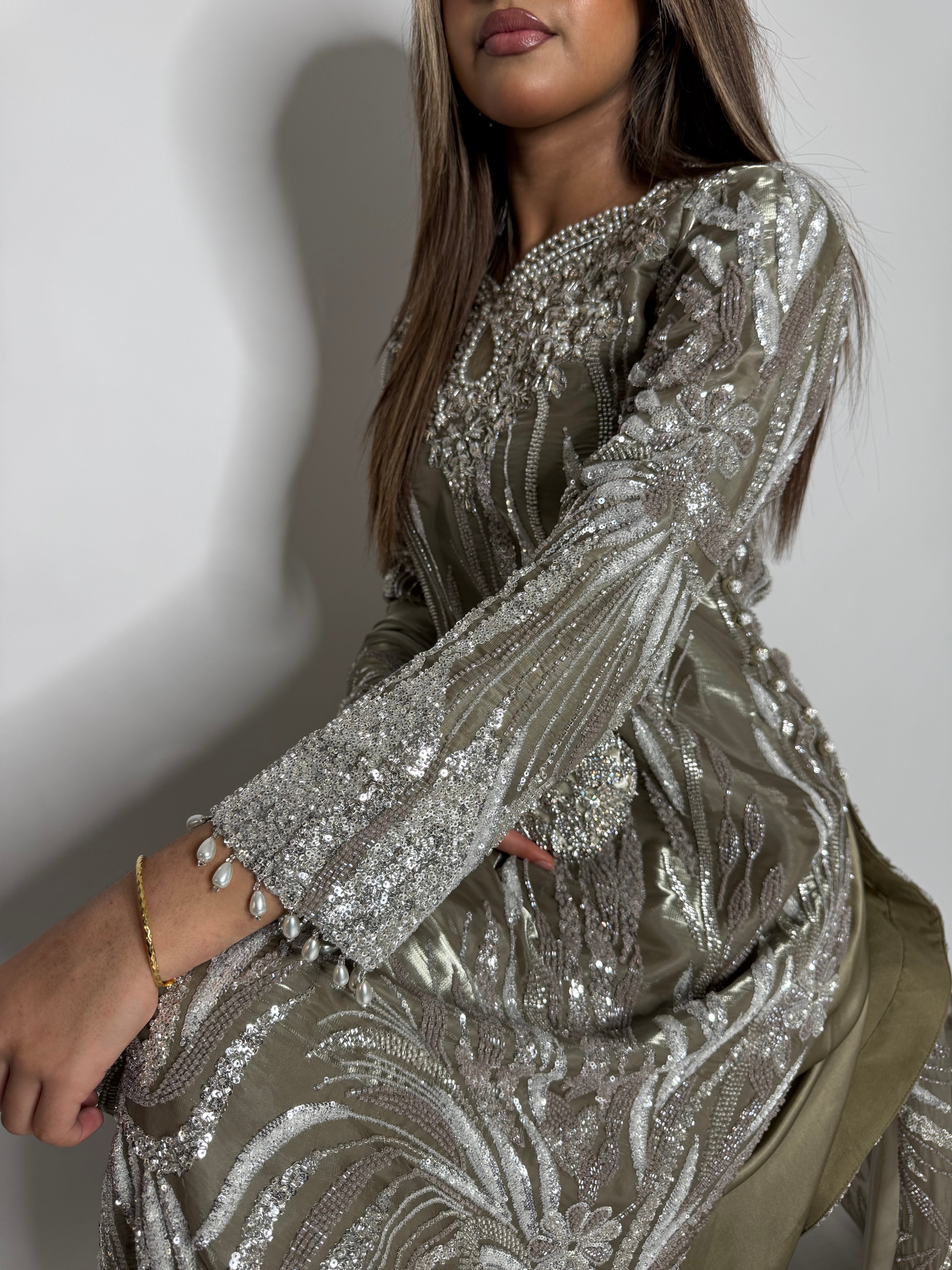 SAHARA OLIVE SAGE CUTDANA HAND EMBROIDERED SILK SHARARA THREE-PIECE EID FORMAL