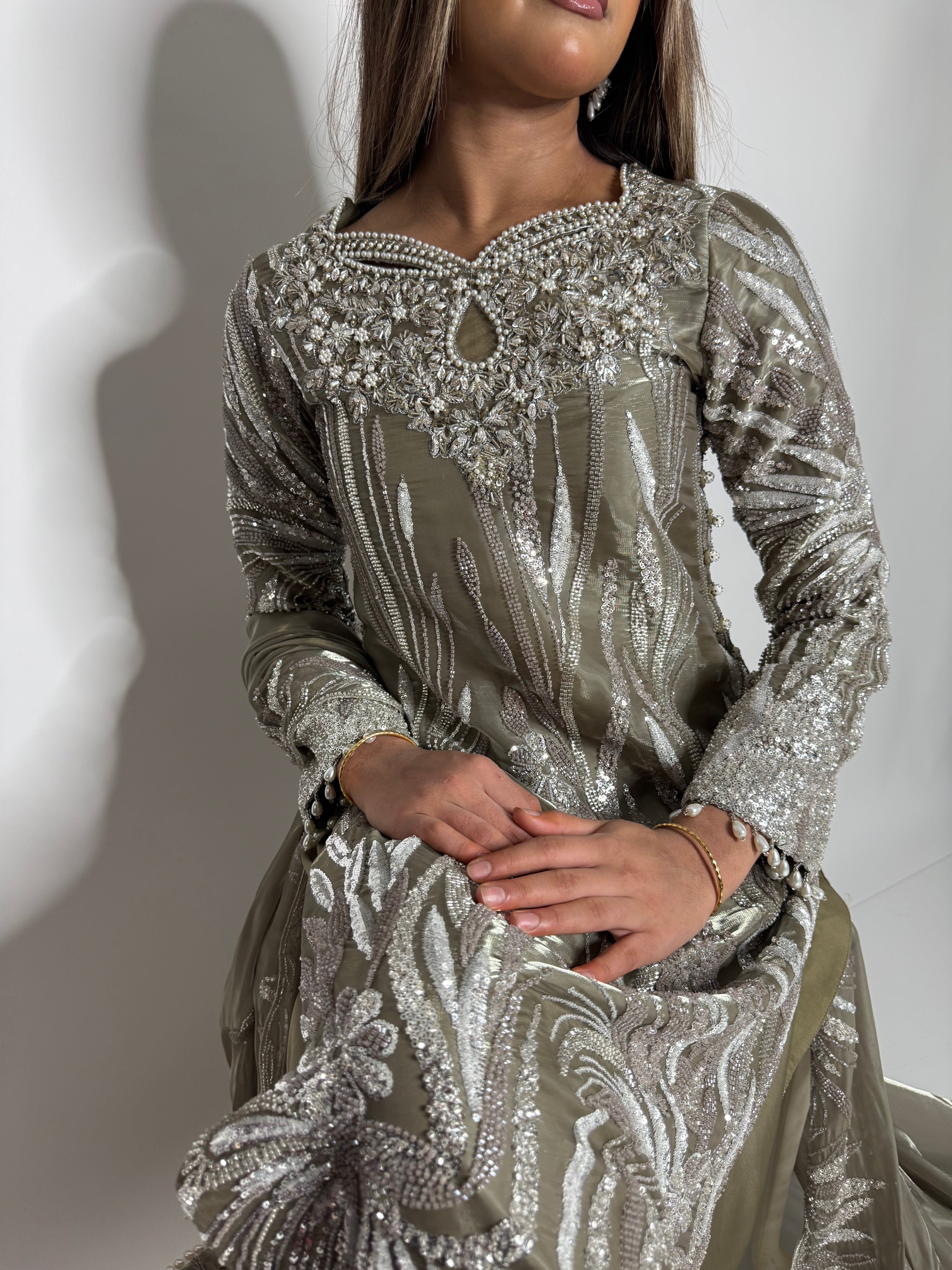 SAHARA OLIVE SAGE CUTDANA HAND EMBROIDERED SILK SHARARA THREE-PIECE EID FORMAL