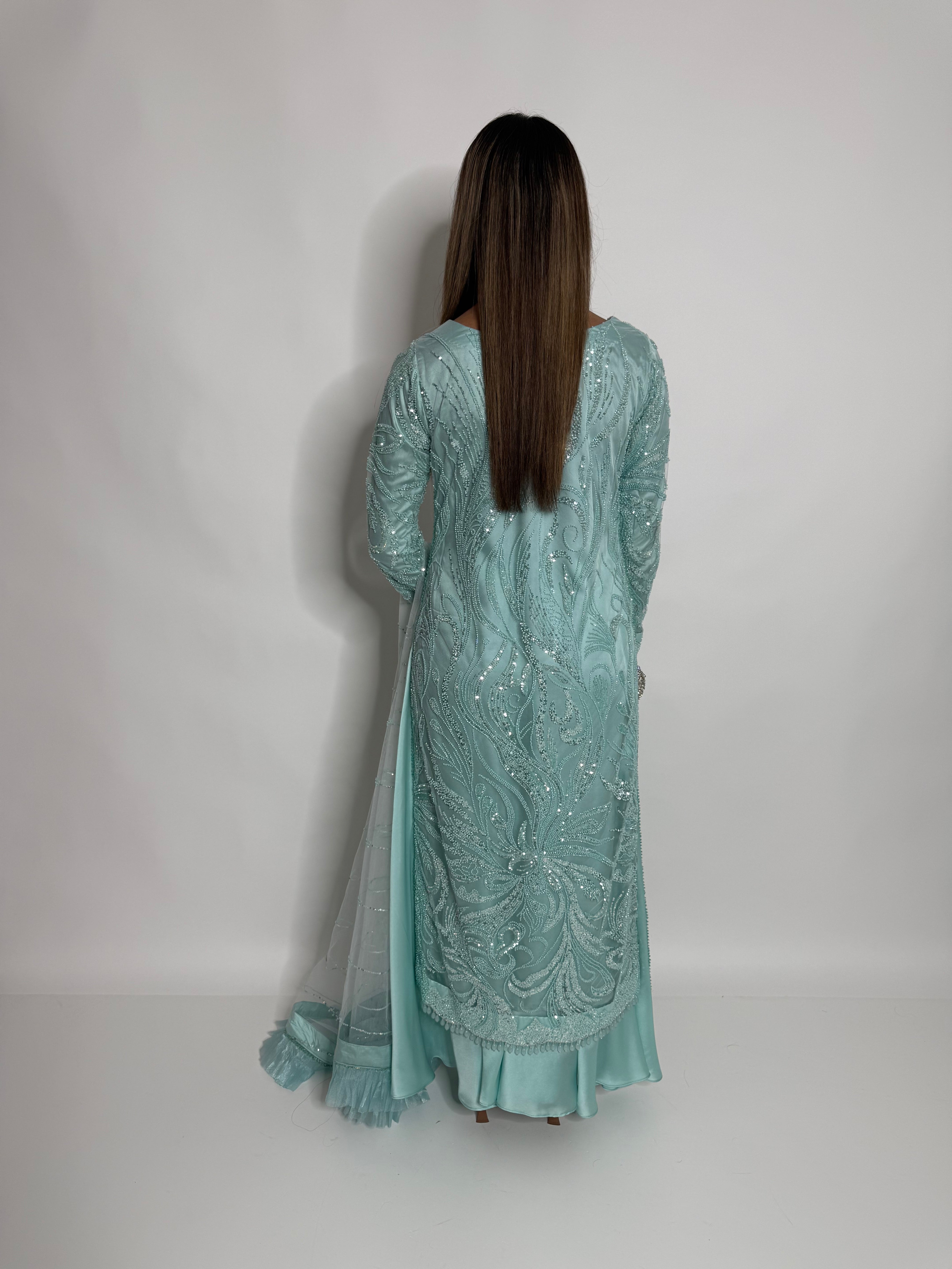 ZARIA MINT CUTDANA HAND EMBROIDERED SILK SHARARA THREE-PIECE EID FORMAL