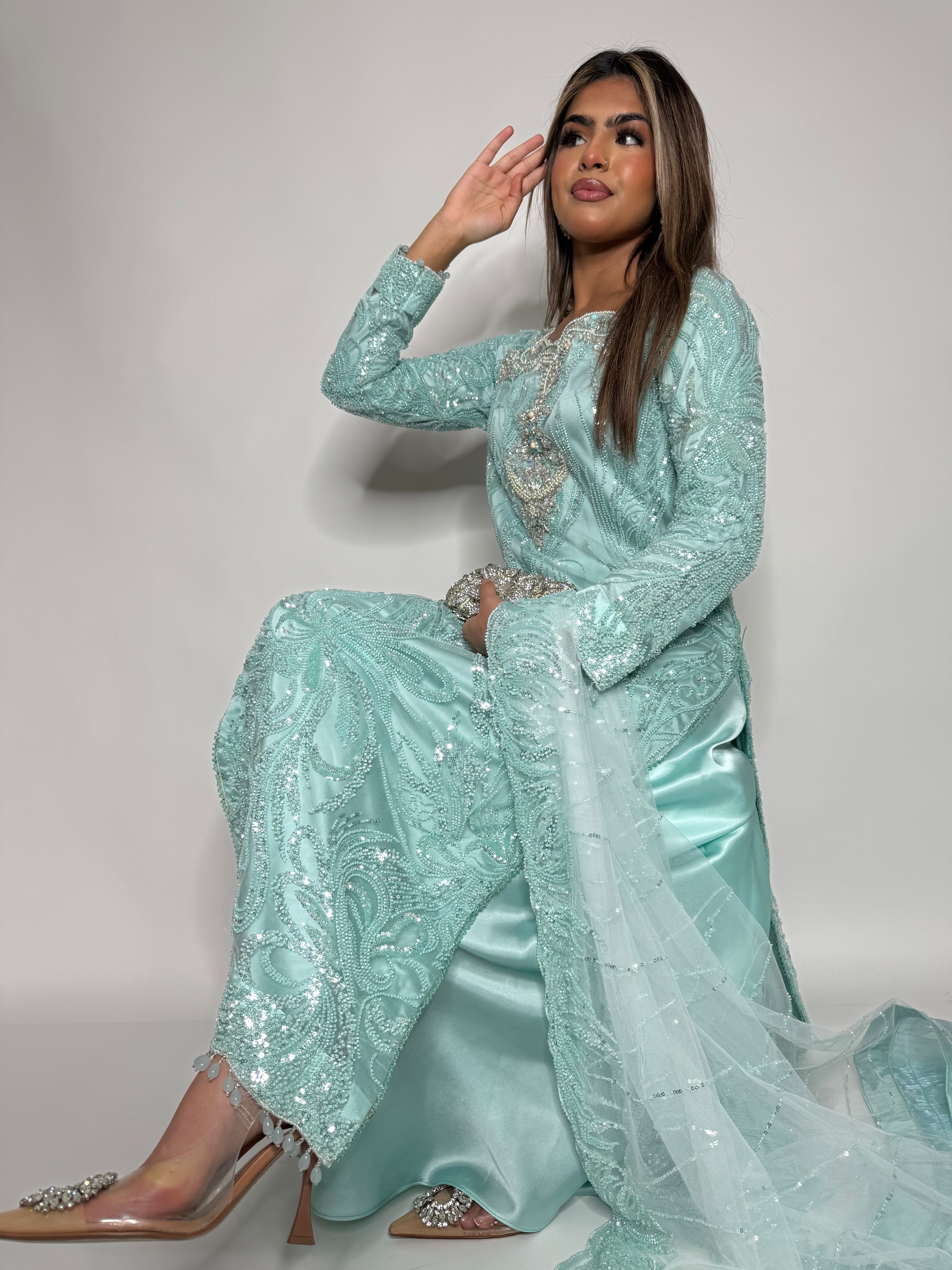 ZARIA MINT CUTDANA HAND EMBROIDERED SILK SHARARA THREE-PIECE EID FORMAL