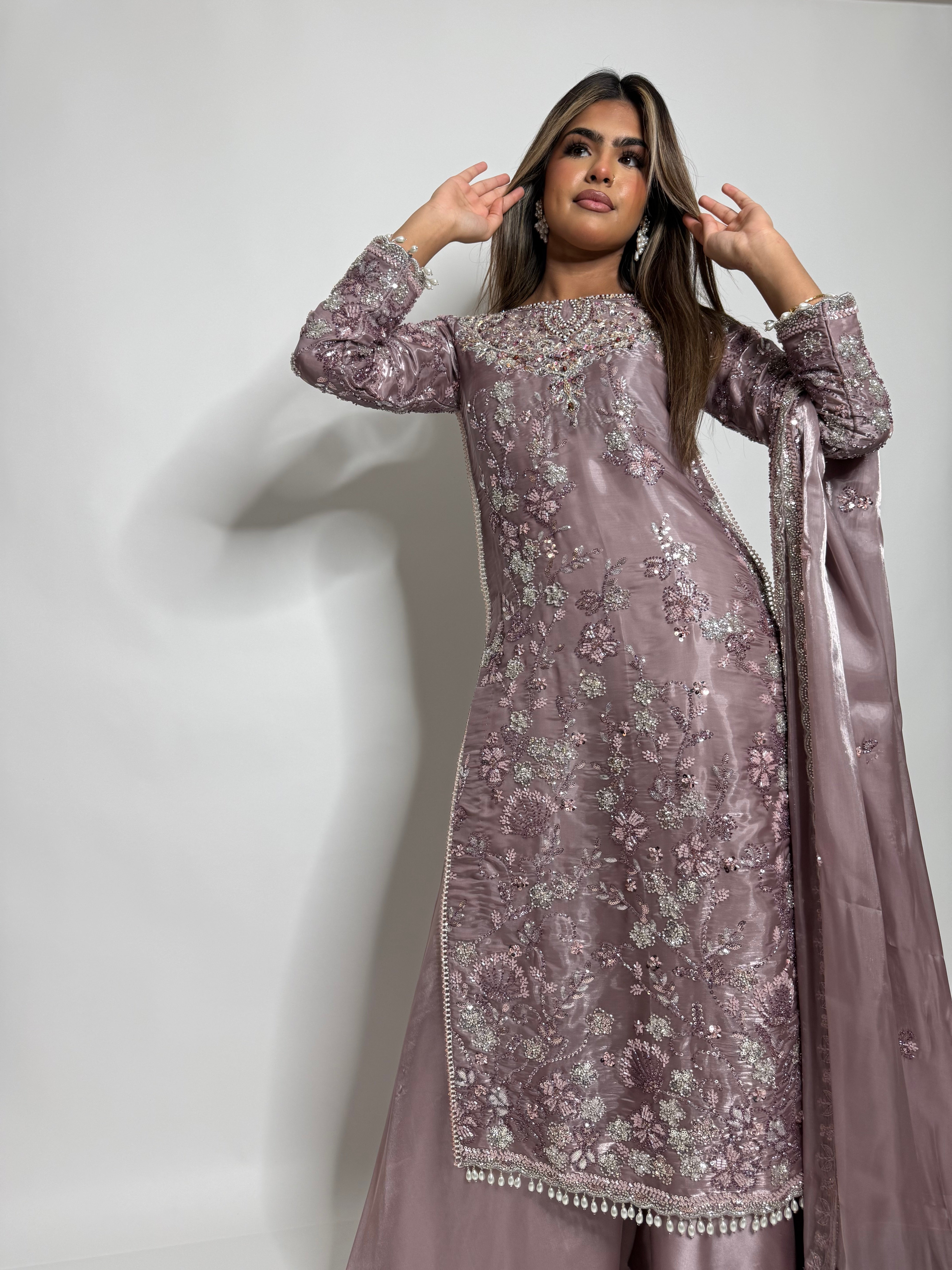 NOORAH MAUVE CUTDANA HAND EMBROIDERED SILK THREE-PIECE EID FORMAL