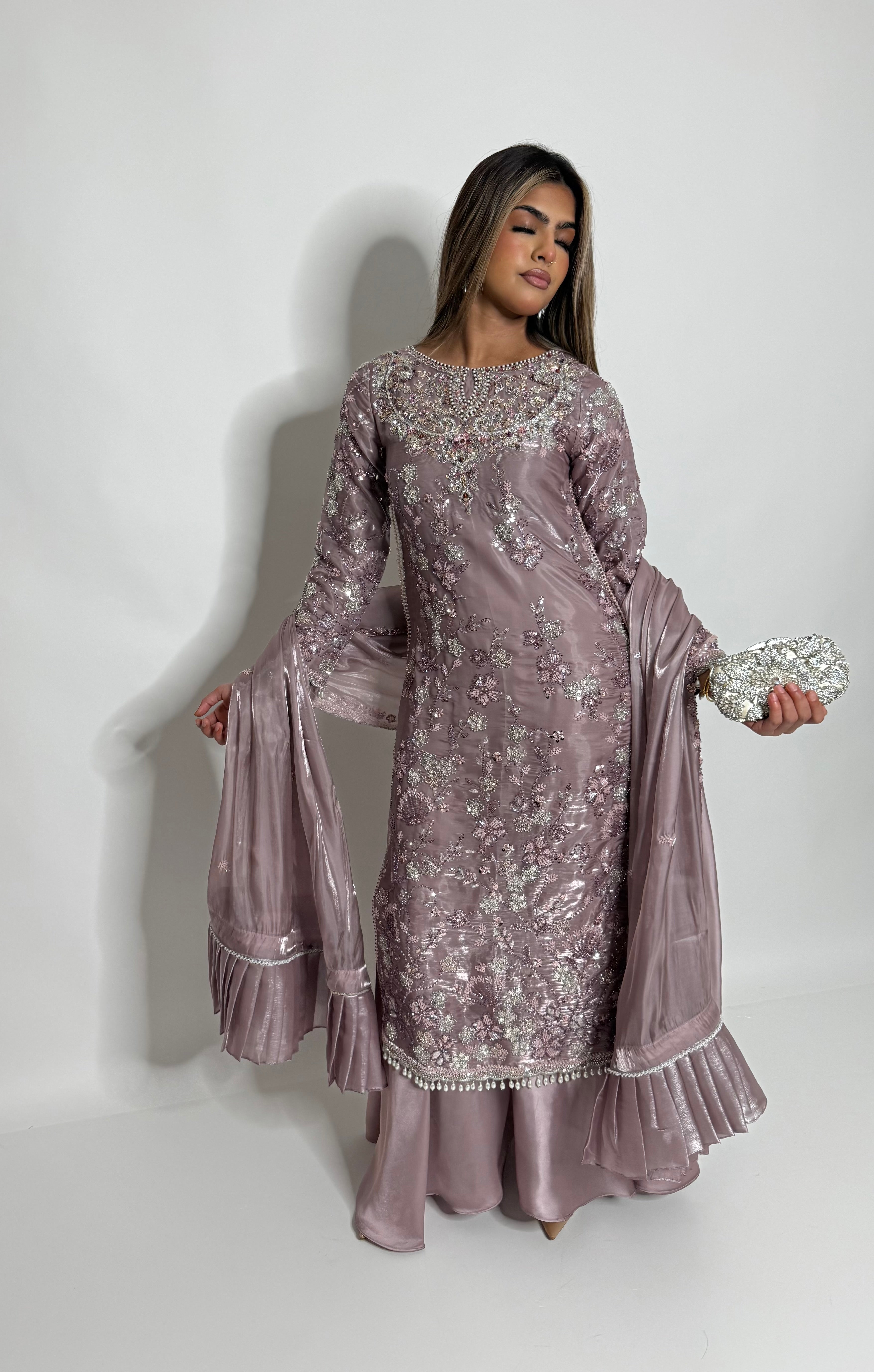 NOORAH MAUVE CUTDANA HAND EMBROIDERED SILK THREE-PIECE EID FORMAL