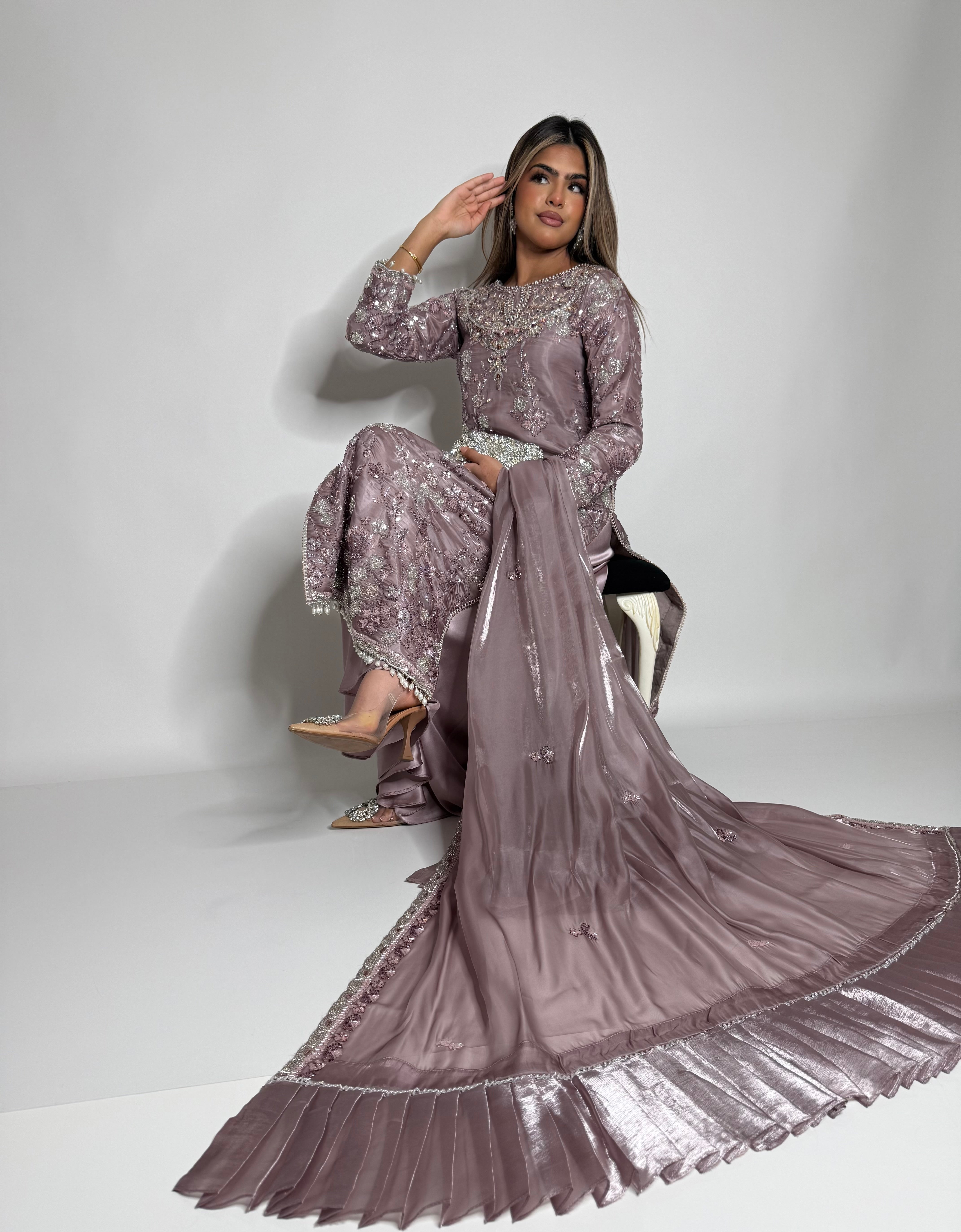 NOORAH MAUVE CUTDANA HAND EMBROIDERED SILK THREE-PIECE EID FORMAL