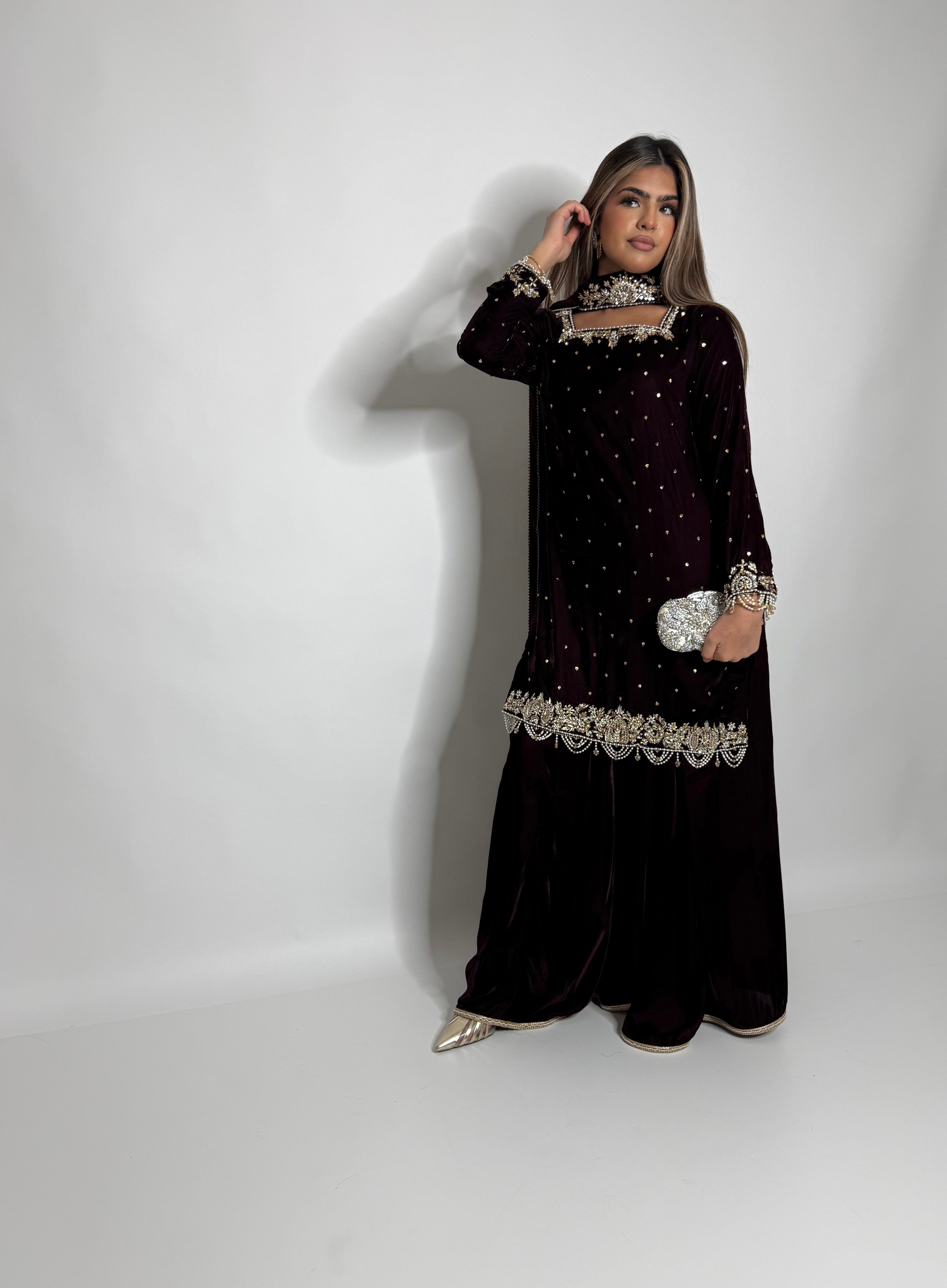 Mahnoor three piece velvet suit full length view