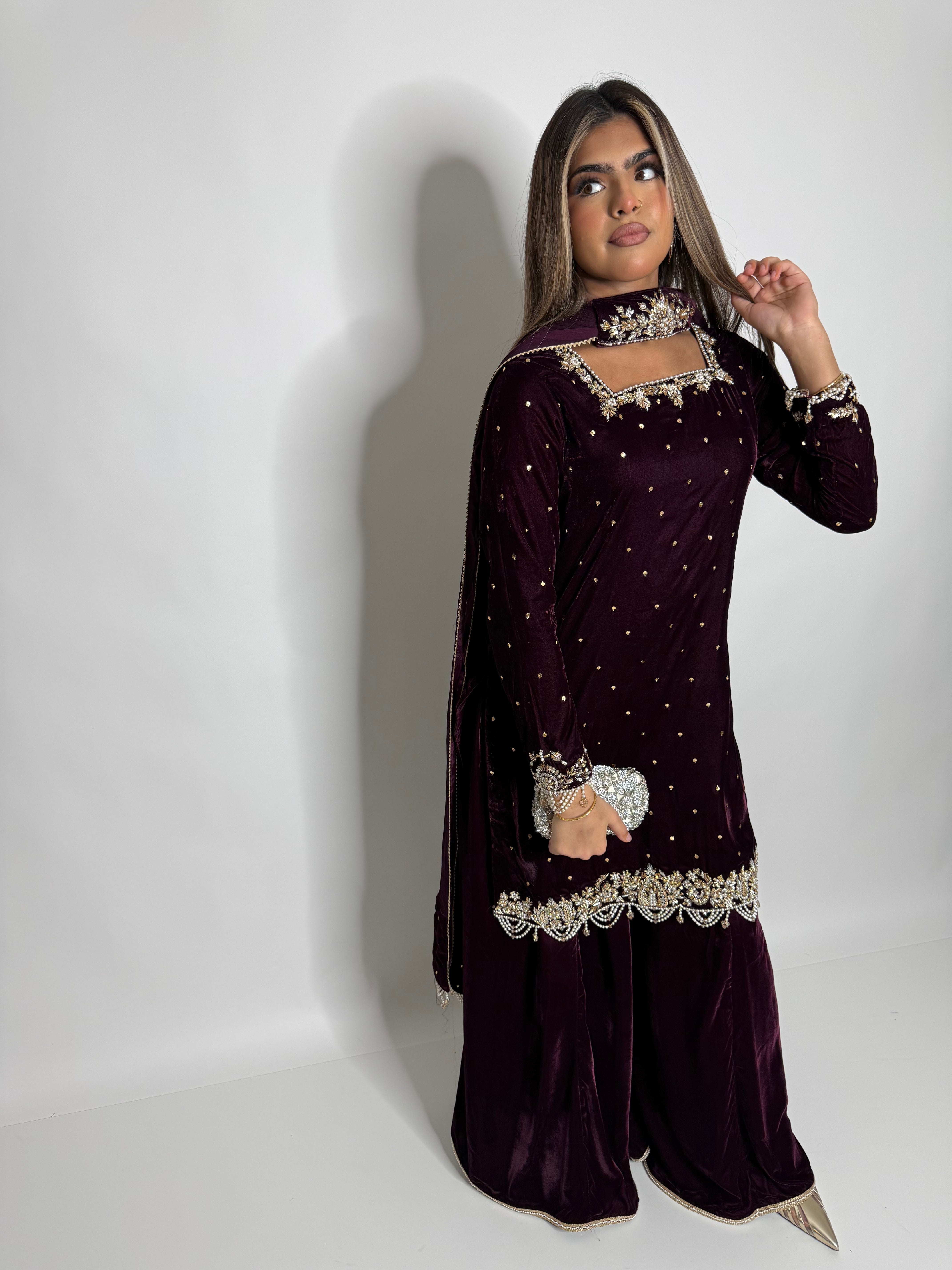 MAHNOOR PLUM GOLD MICRO VELVET THREE-PIECE EID FORMAL