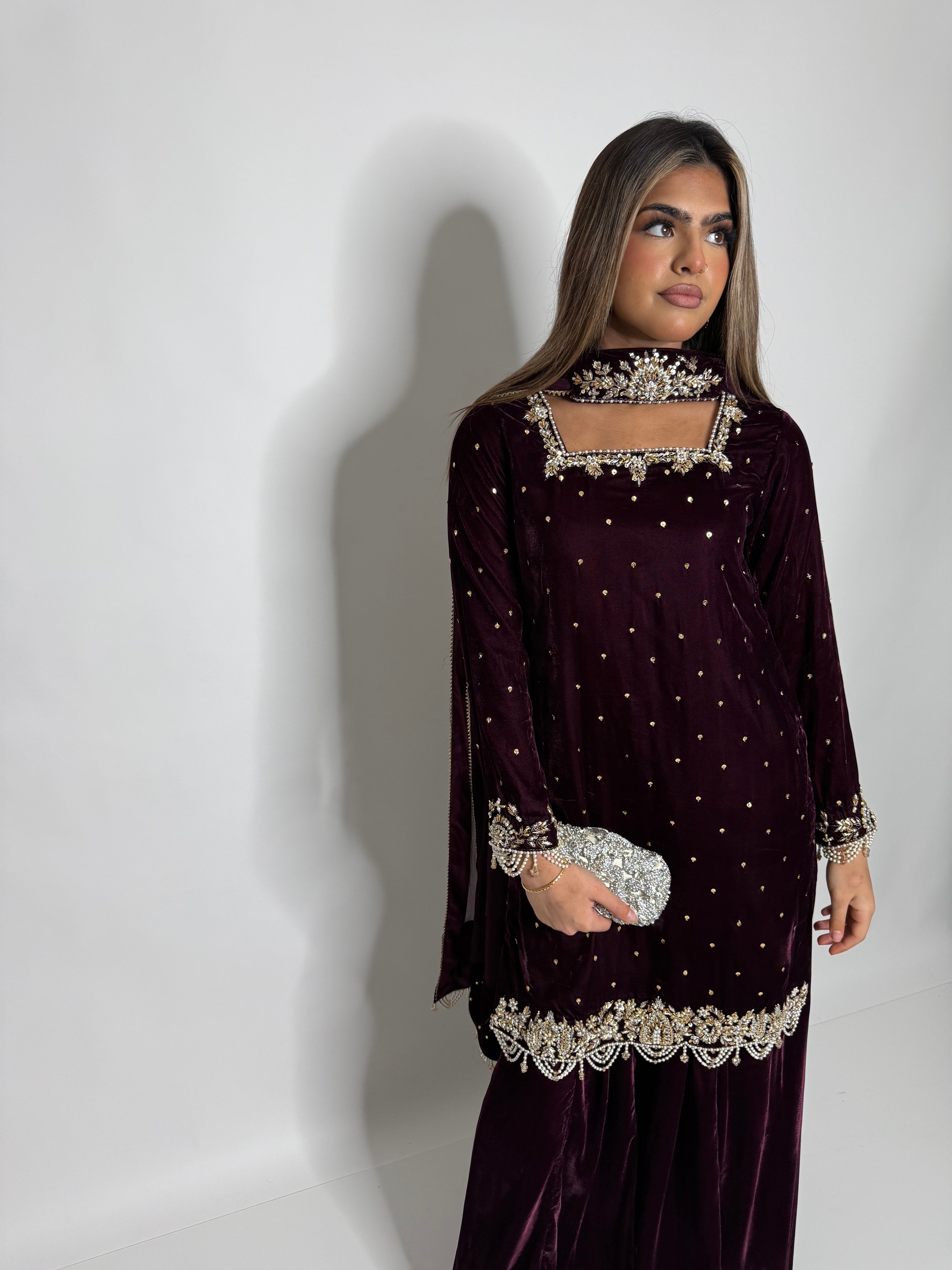 MAHNOOR PLUM GOLD MICRO VELVET THREE-PIECE EID FORMAL