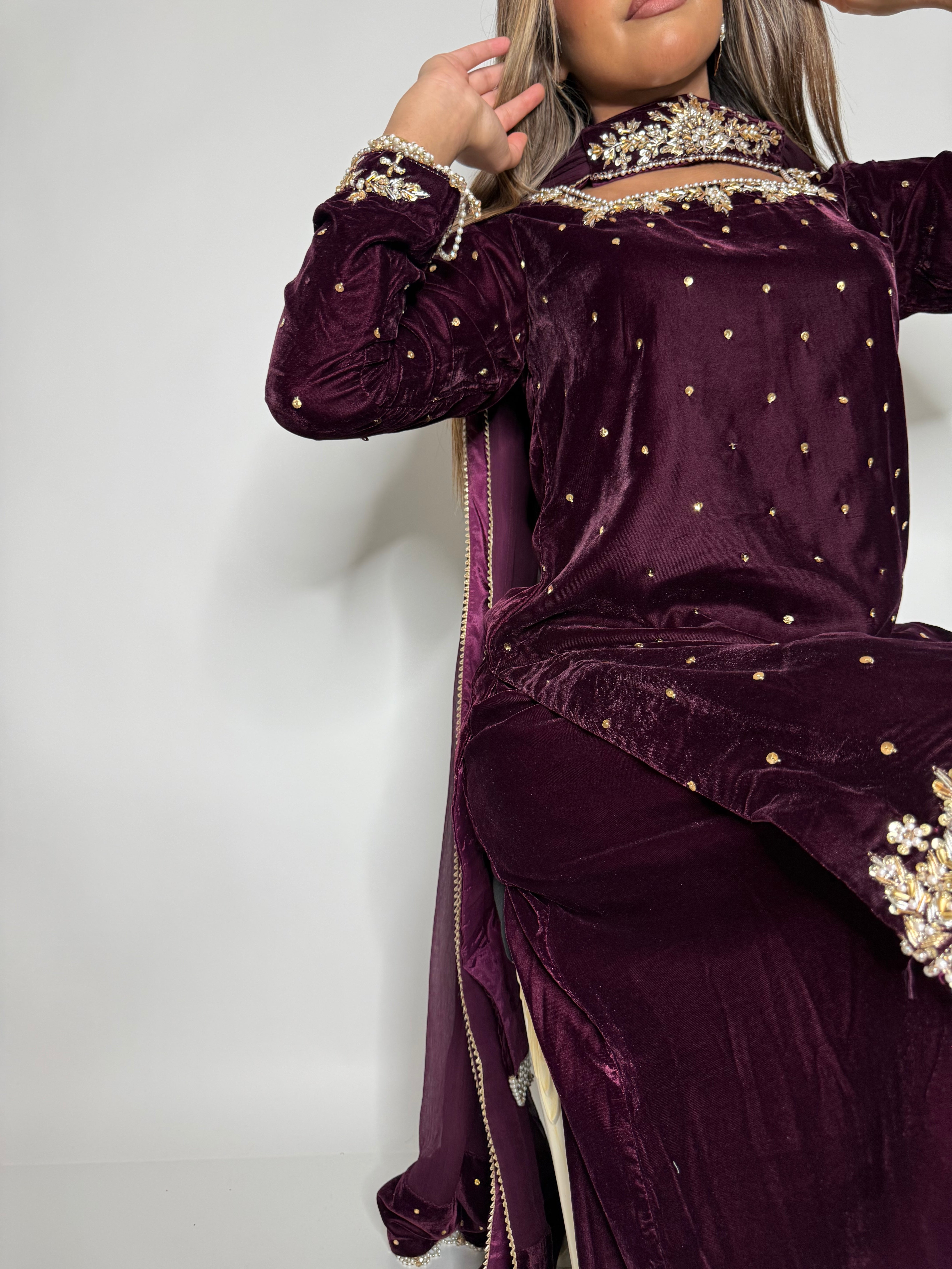 MAHNOOR PLUM GOLD MICRO VELVET THREE-PIECE EID FORMAL