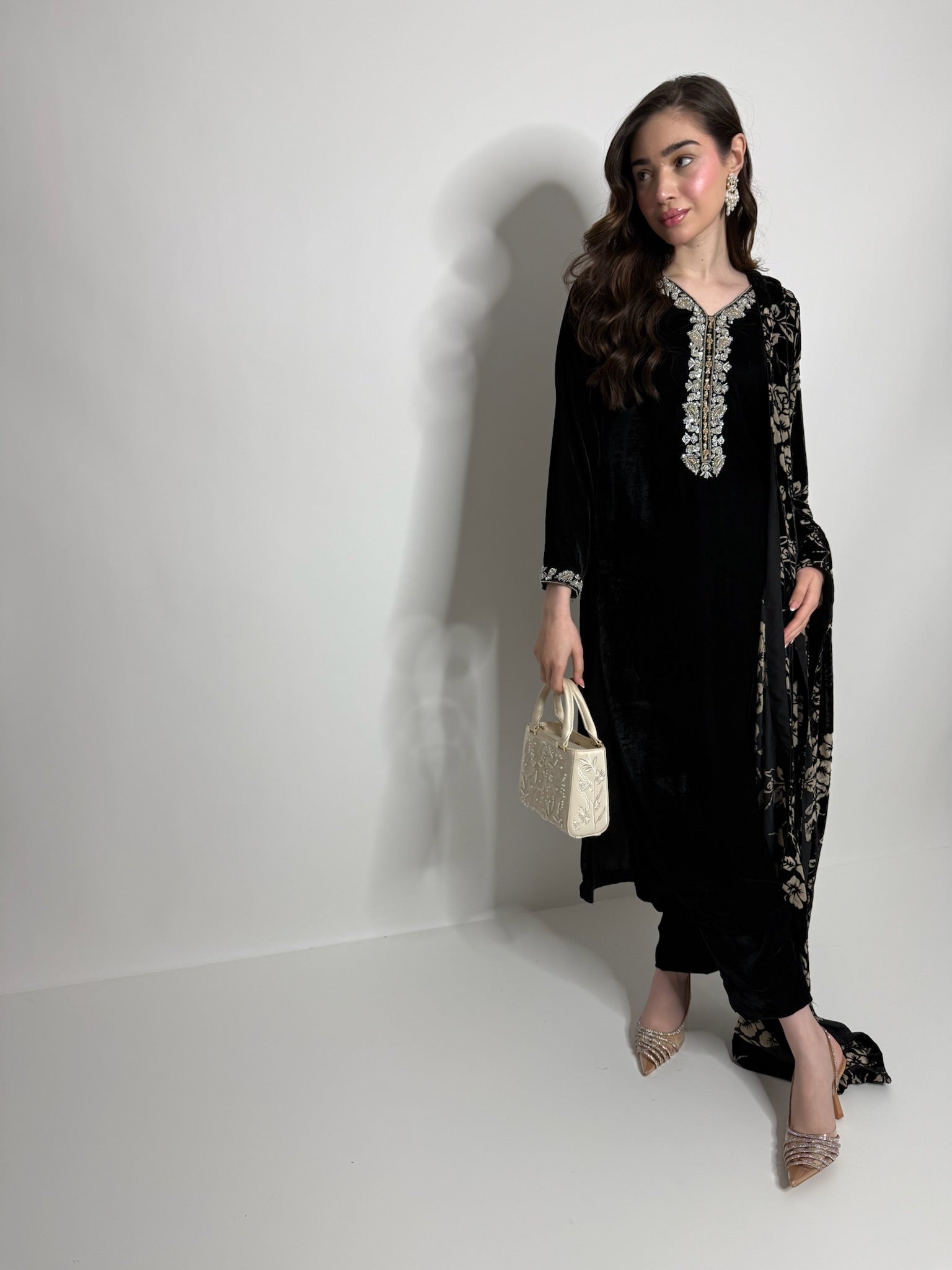Black velvet embroidered Pakistani three piece suit