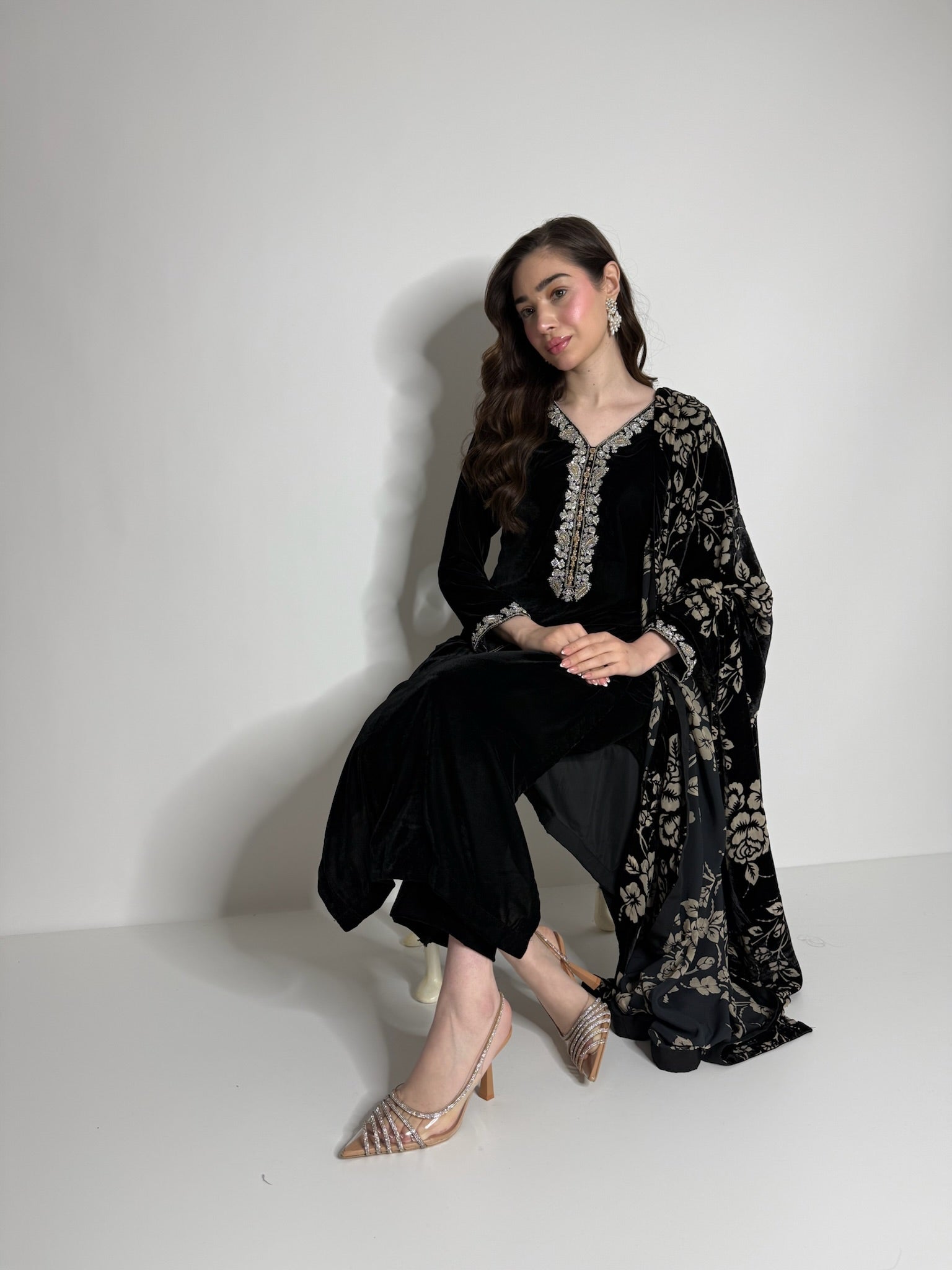 Eid arrivals black velvet three piece ensemble