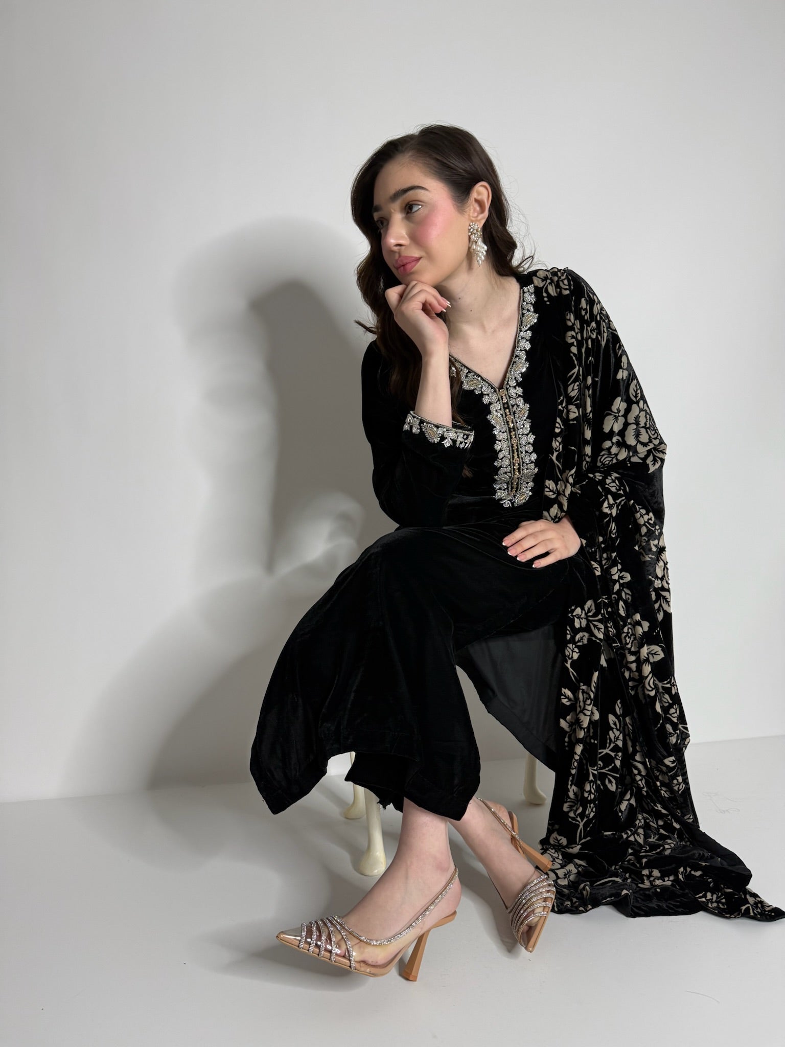 Nyxara Black Velvet Ada-Work Three-Piece