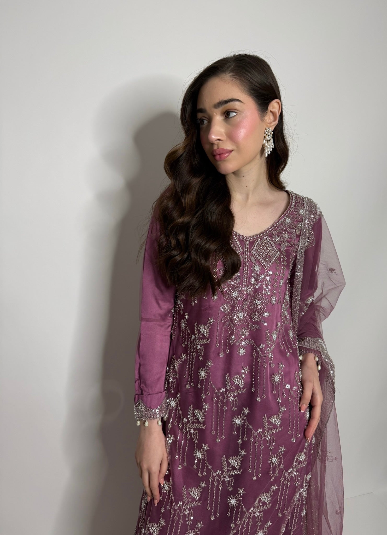 Modest Pakistani festive wear in soft magenta