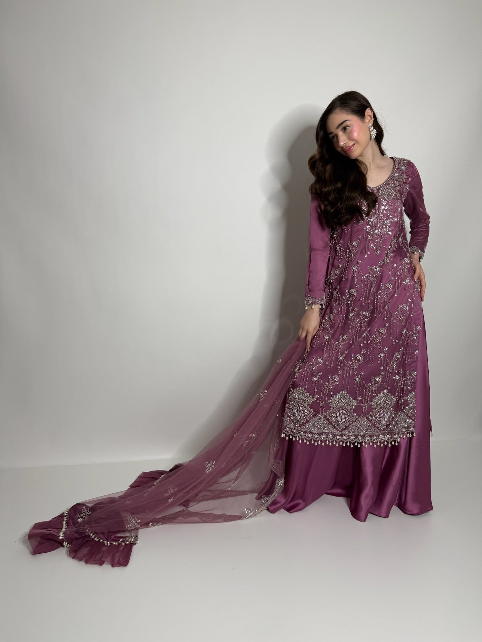 Soft magenta cutdana embroidered Pakistani three piece suit