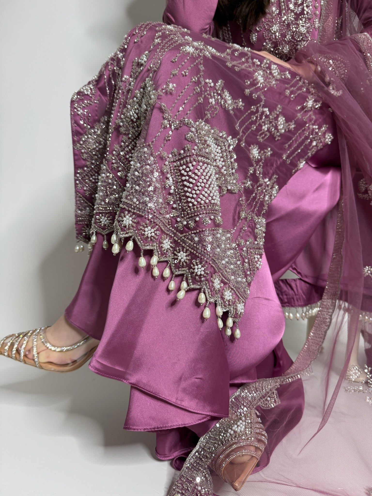 Modest Pakistani festive wear in soft magenta