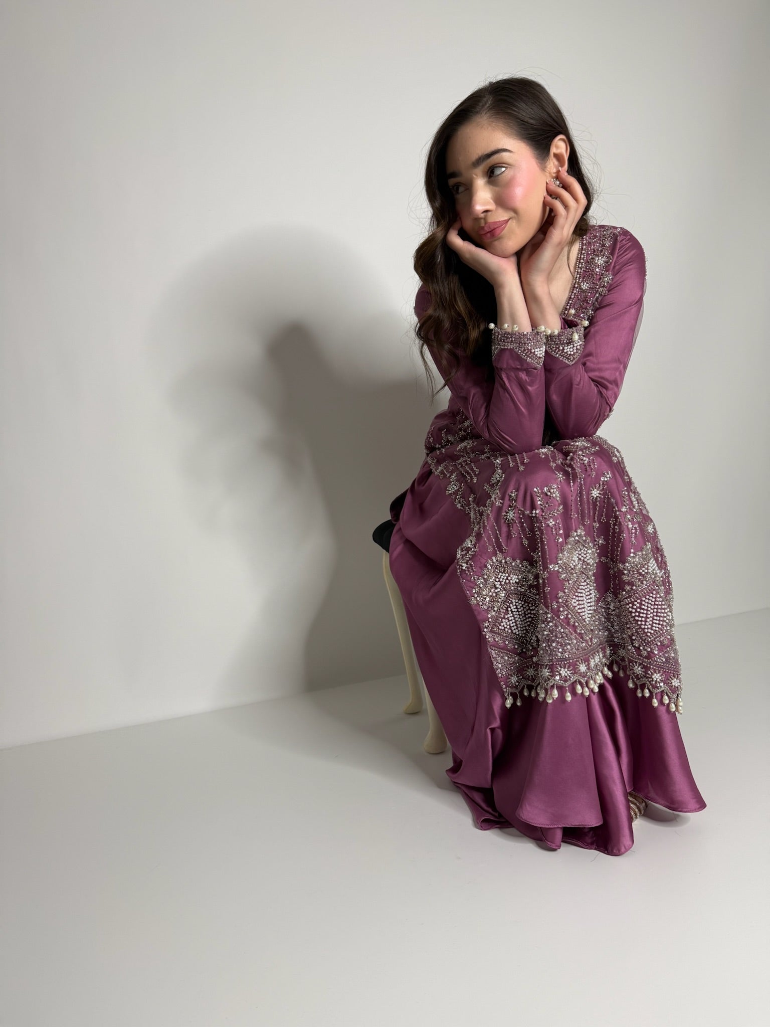 Soft magenta cutdana embroidered Pakistani three piece suit