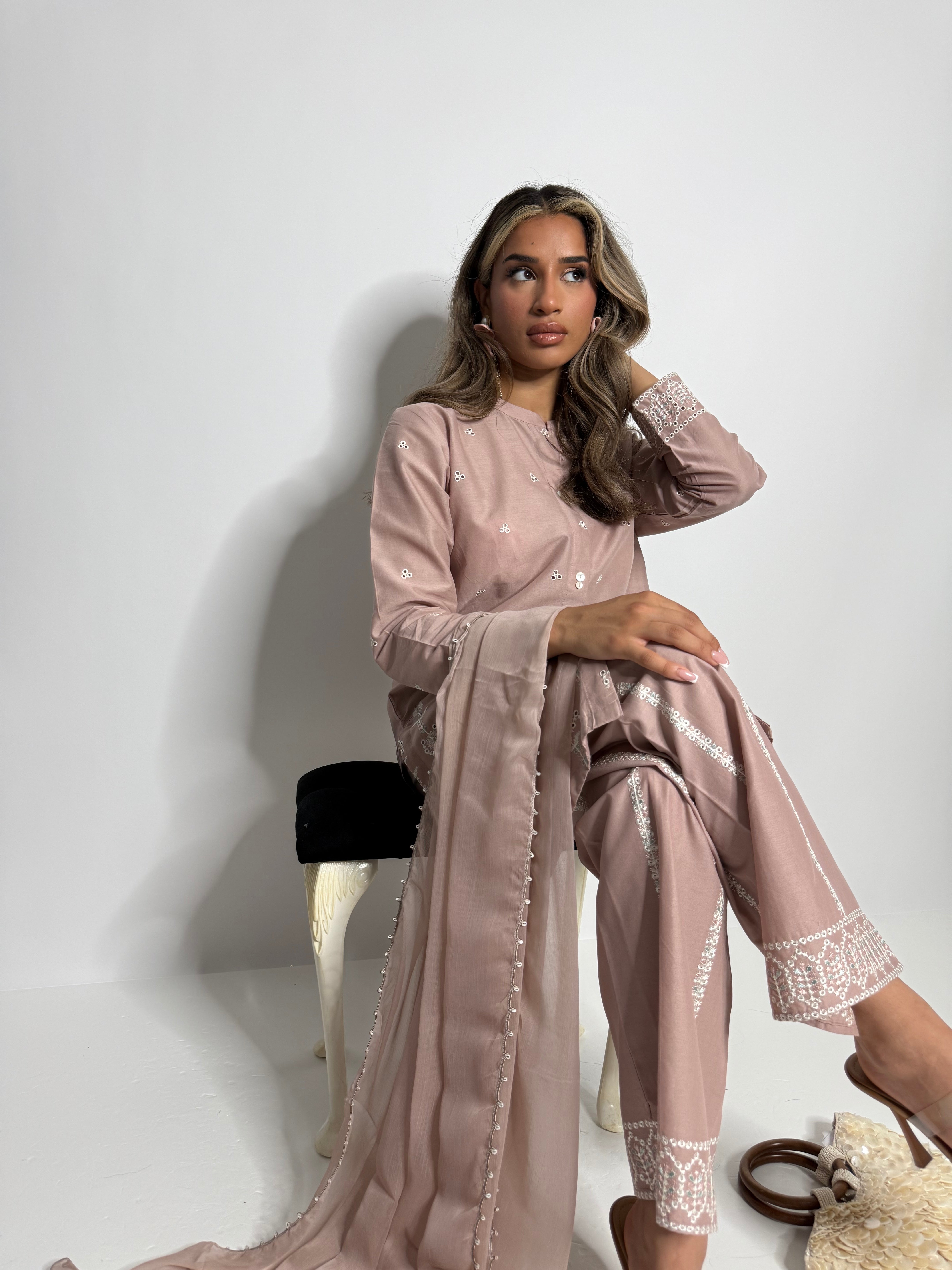 Modest Pakistani lawn outfit in taupe