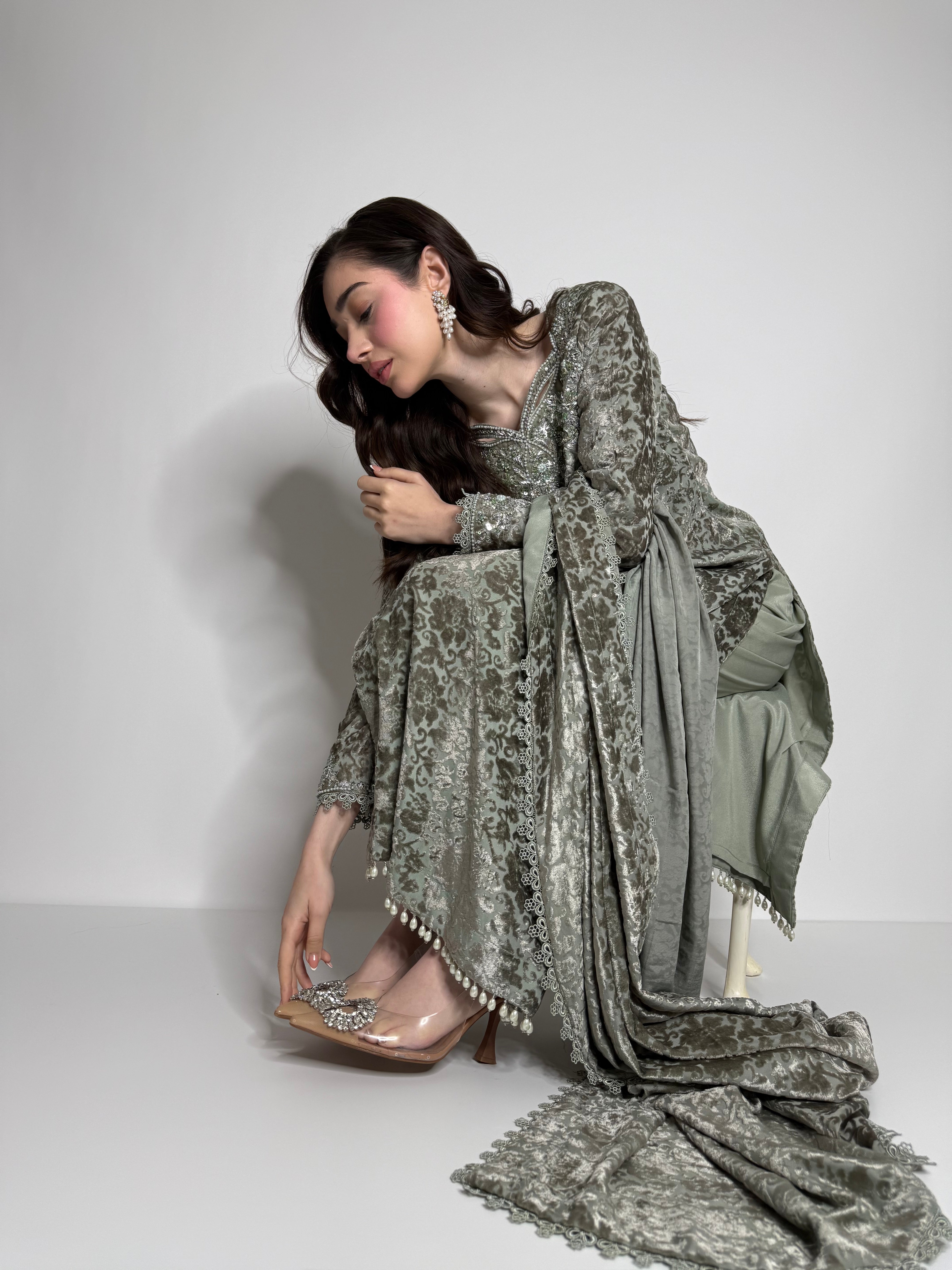 Sage green palachi outfit with woven detailing