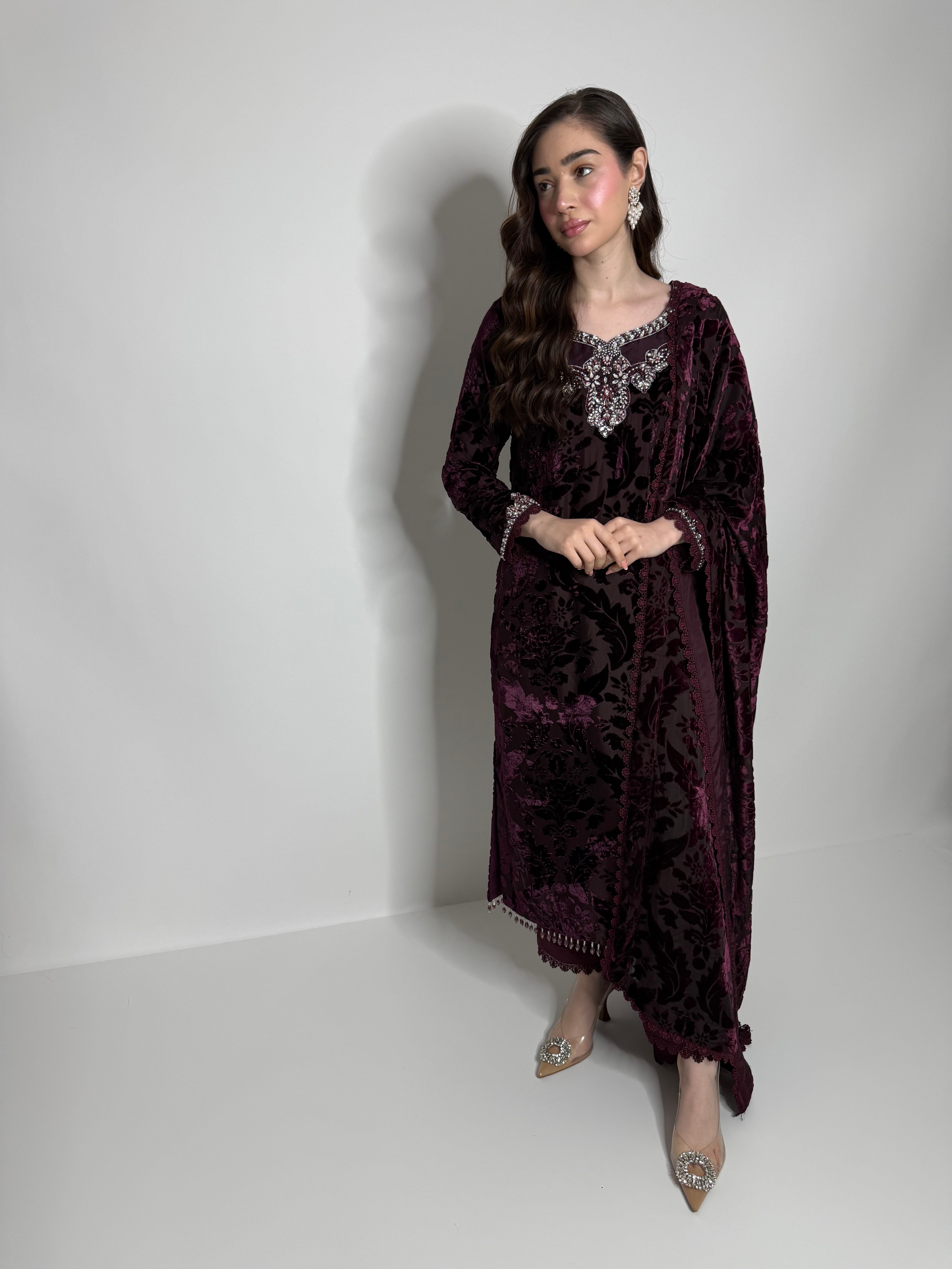 Plum palachi three-piece with hand-embellished neckline